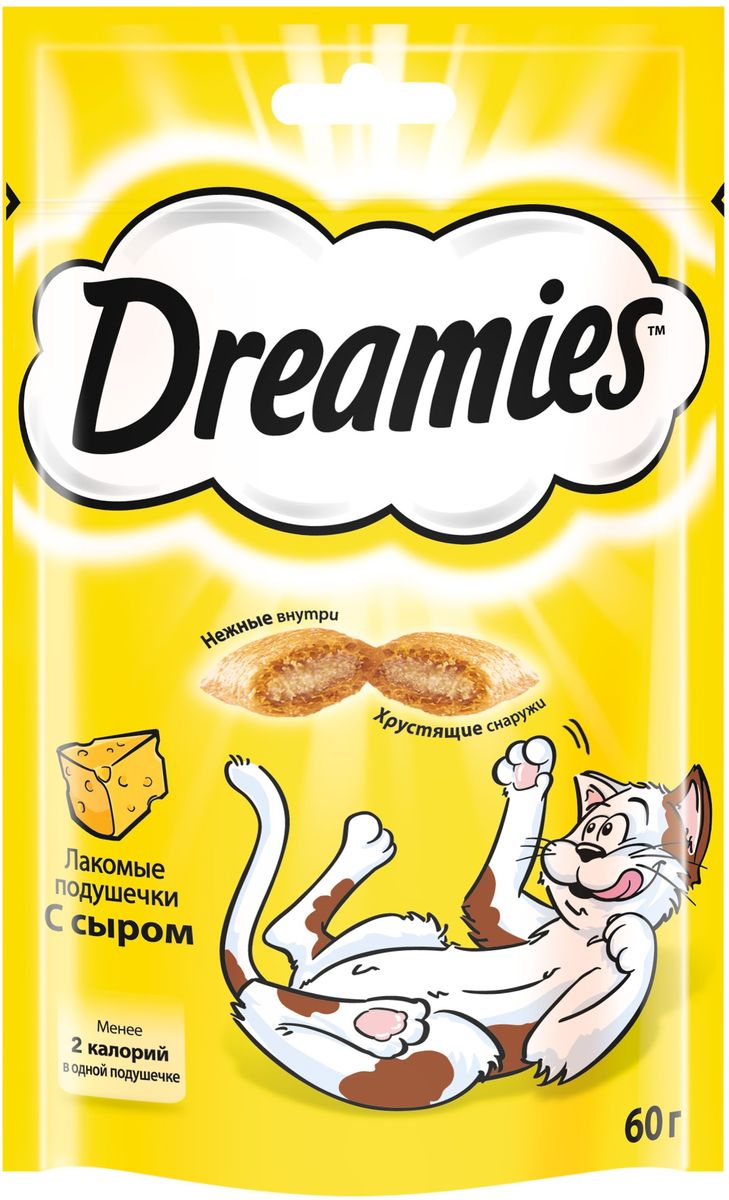 Лакомство для взрослых кошек Dreamies, подушечки с сыром, 60 г101246 Лакомство для взрослых кошек Dreamies, подушечки с сыром, 60 г101246Лакомство Dreamies - это сказочное лакомство, выполненное в виде хрустящих подушечек с вкусной начинкой, является добавкой к ежедневному рациону кошки. Обогащено витаминами и минералами. Незабываемый нежный сыр в хрустящей вкусной подушечке - это достойная награда вашему любимому зверю.Состав: белковые растительные экстракты, злаки, мясо и субпродукты, масло и жиры, витамины и минеральные вещества, молоко и молочные продукты (включая 4% сыра).Пищевая ценность: белки - 32%, жиры - 20%, клетчатка - 1%, зола - 8,5%, витамин A - 6000 МЕ/кг, витамин B1 - 6 мг/кг, витамин B2 - 5 мг/кг, витамин B6 - 5 мг/кг, витамин D3 - 600 МЕ/кг, витамин E - 75 мг/кг, медь как сульфат меди(II) - 10 мг/кг.Вес: 60 г.Энергетическая ценность в 100 г: 386 ккал.Товар сертифицирован.