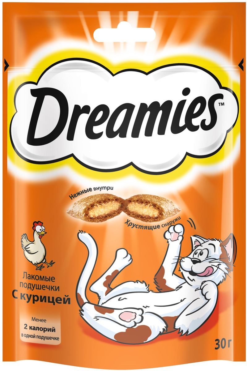 Лакомство для взрослых кошек Dreamies, подушечки с курицей, 30 г0120710 Лакомство для взрослых кошек Dreamies, подушечки с курицей, 30 г0120710Лакомство Dreamies - это сказочное лакомство, выполненное в виде хрустящих подушечек с вкусной начинкой, является добавкой к ежедневному рациону кошки. Обогащено витаминами и минералами.Незабываемая нежная курочка в хрустящей вкусной подушечке - это достойная награда вашему любимому зверю.Состав: белковые растительные экстракты, злаки, мясо и субпродукты (включая 4% курицы), масло и жиры, витамины и минеральные вещества.Пищевая ценность в 100 г: белки - 34 г, жиры - 20 г, зола - 9,5 г, клетчатка - 1 г, влага - 10 г, витамин А - 528,8 МЕ, витамин Е - 8,8 мг, витамин В1 - 1,5 мг, витамин В2 - 0,7 мг, витамин В6 - 0,6 мг, витамин D3 - 58,3 МЕ, пентагидрат сульфата меди - 2,1 мг, моногидрат сульфата марганца- 4,3 мг, йодид калия - 0,2 мг, моногидрат сульфата цинка - 19,4 мг.Вес: 30 г.Энергетическая ценность в 100 г: 386 ккал.Товар сертифицирован.