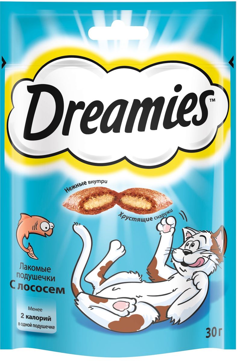 Лакомство для взрослых кошек Dreamies, подушечки с лососем, 30 г0120710 Лакомство для взрослых кошек Dreamies, подушечки с лососем, 30 г0120710Лакомство Dreamies - это сказочное лакомство, выполненное в виде хрустящих подушечек с вкусной начинкой, является добавкой к ежедневному рациону кошки. Обогащено витаминами и минералами. Незабываемый нежный лосось в хрустящей вкусной подушечке - это достойная награда вашему любимому зверю.Состав: белковые растительные экстракты, злаки, мясо и субпродукты (включая 4% говядины), масло и жиры, витамины и минеральные вещества, рыба и субпродукты (включая 4% лосося).Пищевая ценность в 100 г: белки - 34 г, жиры - 20 г, зола - 9,5 г, клетчатка - 1 г, влага - 10 г, витамин А - 528,8 МЕ, витамин Е - 8,8 мг, витамин В1 - 1,5 мг, витамин В2 - 0,7 мг, витамин В6 - 0,6 мг, витамин D3 - 58,3 МЕ, пентагидрат сульфата меди - 2,3 мг, моногидрат сульфата марганца- 4,1 мг, йодид калия - 0,2 мг, моногидрат сульфата цинка - 18,3 мг.Вес: 30 г.Энергетическая ценность в 100 г: 386 ккал.Товар сертифицирован.