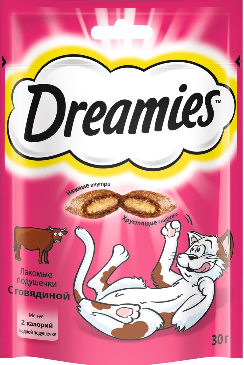 Лакомство для взрослых кошек Dreamies, подушечки с говядиной, 30 г0120710 Лакомство для взрослых кошек Dreamies, подушечки с говядиной, 30 г0120710Лакомство Dreamies - это сказочное лакомство, выполненное в виде хрустящих подушечек с вкусной начинкой, является добавкой к ежедневному рациону кошки. Обогащено витаминами и минералами.Незабываемая нежная говядина в хрустящей вкусной подушечке - это достойная награда вашему любимому зверю.Состав: белковые растительные экстракты, злаки, мясо и субпродукты (включая 4% говядины), масло и жиры, витамины и минеральные вещества.Пищевая ценность в 100 г: белки - 34 г, жиры - 20 г, зола - 9,5 г, клетчатка - 1 г, влага - 10 г, витамин А - 530,5 МЕ, витамин Е - 8,8 мг, витамин В1 - 1,5 мг, витамин В2 - 0,7 мг, витамин В6 - 0,6 мг, витамин D3 - 58,5 МЕ, пентагидрат сульфата меди - 2,3 мг, моногидрат сульфата марганца- 4,5 мг, йодид калия - 0,2 мг, моногидрат сульфата цинка - 19,9 мг.Вес: 30 г.Энергетическая ценность в 100 г: 386 ккал.Товар сертифицирован.