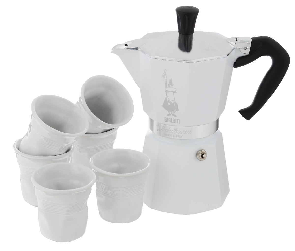 Набор посуды Bialetti Moka, цвет: белый, стальной, 7 предметовVT-1520(SR) Набор посуды Bialetti Moka, цвет: белый, стальной, 7 предметовVT-1520(SR)Набор посуды Bialetti Moka включает в себя гейзерную кофеварку и 6 чашек для кофе.Компактная гейзерная кофеварка изготовлена из высококачественного алюминия. Изделие оснащено удобной ручкой из пластика. Кофейные чашки выполнены из высококачественной керамики.Принцип работы такой гейзерной кофеварки - кофе заваривается путем многократного прохождения горячей воды или пара через слой молотого кофе. Удобство кофеварки в том, что вся кофейная гуща остается во внутренней емкости. Гейзерные кофеварки пользуются большой популярностью благодаря изысканному аромату. Кофе получается крепкий и насыщенный. Теперь и дома вы сможете насладиться великолепным эспрессо. Подходит для газовых, электрических и стеклокерамических плит. Нельзя мыть в посудомоечной машине. Высота кофеварки: 22 см.Диаметр дна кофеварки: 10 см.Диаметр чашек по верхнему краю: 6,5 см.Диаметр дна чашек: 3,7 см.Высота чашек: 6,4 см.