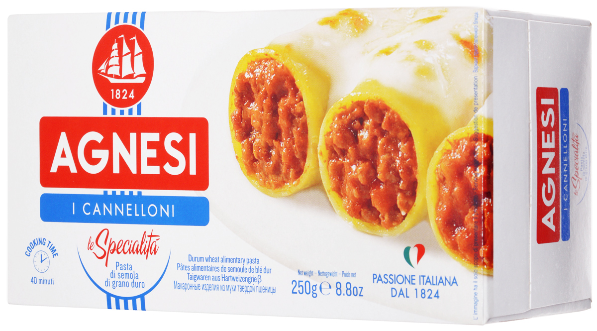 Agnesi Каннеллони макароны, 250 г0120710 Agnesi Каннеллони макароны, 250 г0120710Agnesi - это одна из старейших марок макарон в Италии. С 1824 года в итальянском городе Империя, расположенном на берегу Средиземного моря, семья Agnesi начала производить эти, благодаря своему качеству, широко известные макаронные изделия.Большие парусники, символ марки Agnesi, бороздили моря и океаны в поисках лучшей пшеницы твердых сортов. Лучшее зерно, привезенное с Юга Италии, Канады, Австралии и Аргентины непосредственно с кораблей направлялось на мельницу Agnesi, и сегодня считающейся самой длинной (синоним - самой качественной) мельницей Италии.