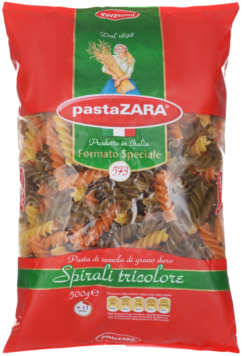 Pasta Zara Спираль трехцветная макароны, 500 г0120710 Pasta Zara Спираль трехцветная макароны, 500 г0120710Макароны Pasta Zara 573 с томатами и шпинатом сочетают в себе современность технологий производства и традиционное итальянское качество.Макаронные изделия Pasta Zara - одна из самых популярных марок итальянских макаронных изделий в России. Макароны Pasta Zaraвыпускаются в Италии с 1898 года семьёй Браганьоло уже в течение четырёх поколений. Это семейный бизнес, который вкладывает более, чем вековой опыт работы с макаронными изделиями в создание и продвижение своего продукта, тщательно отслеживая сохранение традиций.