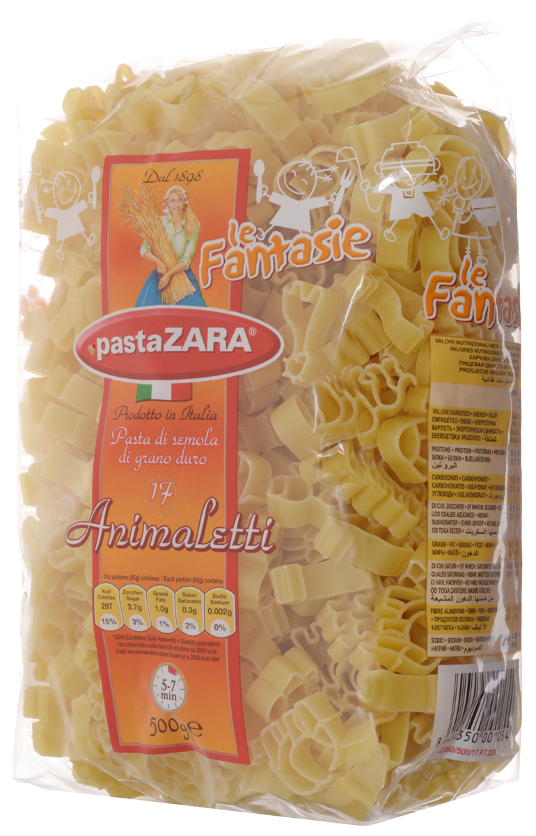 Pasta Zara Фантазия Зверьки макароны, 500 г0120710 Pasta Zara Фантазия Зверьки макароны, 500 г0120710Фантазийные макароны Pasta Zara в форме зверей сочетают в себе современность технологий производства и традиционное итальянское качество. Эти изделия придутся по вкусу, прежде всего, детям, благодаря форме макарон в виде различных экзотических животных. Отменные вкусовые качества позволят вам приготовить десятки ваших любимых блюд и порадовать родных и близких.