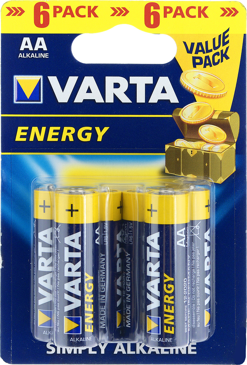 Батарейка Varta Energy, тип AA, 1,5В, 6 штKOCLR6_24BOX Батарейка Varta Energy, тип AA, 1,5В, 6 штKOCLR6_24BOXАлкалиновые батарейки Varta Energy отличаются долгим сроком работы, подходят для аудио- видео- техники, а также другой электроники и бытовых приборов. Не разбирать, не перезаряжать, не подносить к открытому огню. Не замыкать контакты. При установке соблюдать полярность (+/-). Хранить в недоступном для детей месте. Размер батарейки: 5 см х 1,4 см. Тип элемента питания: щелочная.