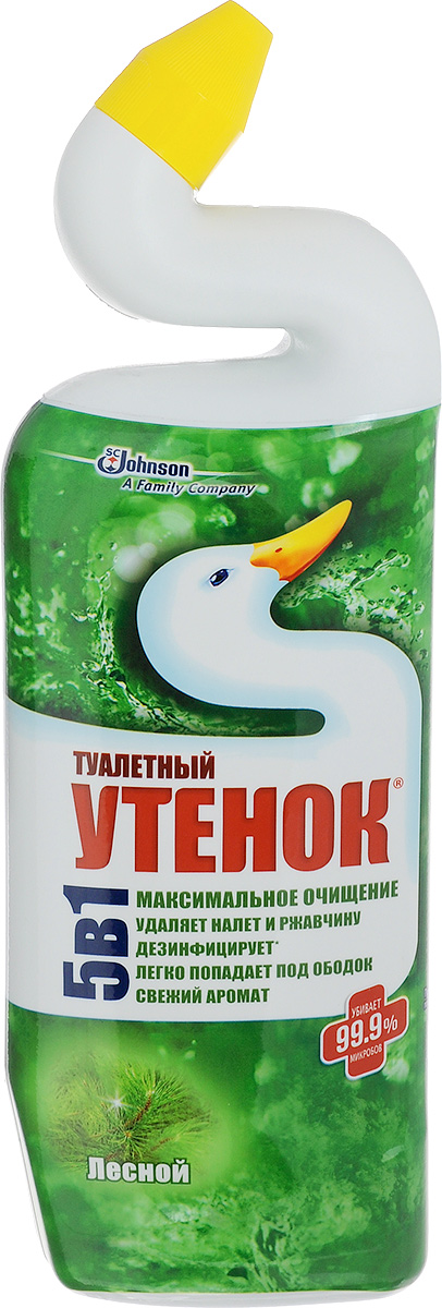 Чистящее средство для унитазов Туалетный утенок, лесной, 750 мл391602 Чистящее средство для унитазов Туалетный утенок, лесной, 750 мл391602Чистящее средство для унитазов Туалетный утенок обеспечивает максимальное очищение и дезинфицирующий эффект (убивает 99,9% микробов). Удаляет ржавчину и налет, устраняет неприятные запахи и придает свежий лесной аромат. Благодаря уникальной форме горлышка Туалетный утенок лучше попадает в труднодоступные места скопления бактерий под ободком унитаза. Специальная конструкция колпачка не позволяет открывать флакон детям.Состав: вода, кислота соляная >5% но Товар сертифицирован.