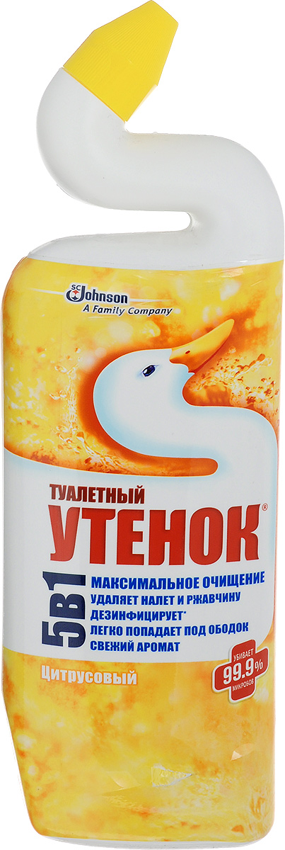Чистящее средство для унитазов Туалетный утенок, цитрусовый, 500 мл68/5/1 Чистящее средство для унитазов Туалетный утенок, цитрусовый, 500 мл68/5/1Чистящее средство для унитазов Туалетный утенок обеспечивает максимальное очищение и дезинфицирующий эффект (убивает 99,9% микробов). Удаляет ржавчину и налет, устраняет неприятные запахи и придает свежий цитрусовый аромат. Благодаря уникальной форме горлышка Туалетный утенок лучше попадает в труднодоступные места скопления бактерий под ободком унитаза. Специальная конструкция колпачка не позволяет открывать флакон детям.Состав: вода, кислота соляная >5% но Товар сертифицирован.