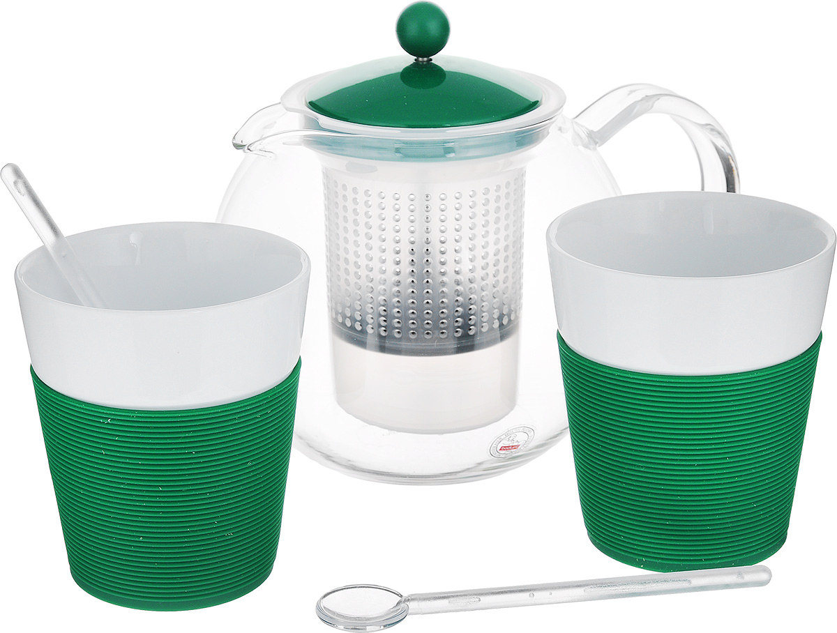 Набор чайный Bodum Assam, цвет: прозрачный, белый, зеленый, 5 предметов. AK1830-825-Y15115510 Набор чайный Bodum Assam, цвет: прозрачный, белый, зеленый, 5 предметов. AK1830-825-Y15115510Чайный набор Bodum Assam состоит из двух стаканов, двух ложек и чайника, выполненных из высококачественного стекла, фарфора и пластика. Элегантный дизайн набора придется по вкусу и ценителям классики, и тем, кто предпочитает утонченность и изысканность. Он настроит на позитивный лад и подарит хорошее настроение с самого утра.Чайный набор Bodum Assam идеально подойдет для сервировки стола и станет отличным подарком к любому празднику.Объем стакана: 300 мл. Диаметр стакана (по верхнему краю): 8,7 см. Высота стакана: 10,2 см. Объем чайника: 1 л.Диаметр чайника (по верхнему краю): 9,5 см. Высота чайника (без учета крышки): 12,5 см.Длина ложки: 14 см.