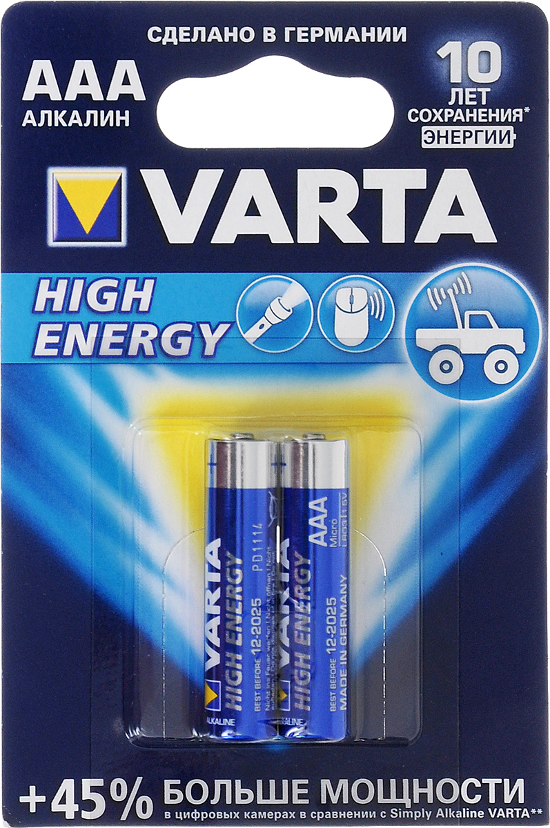 Батарейка Varta High Energy, тип AAA, 1,5В + 45% больше мощности, 2 шт5055398612668 Батарейка Varta High Energy, тип AAA, 1,5В + 45% больше мощности, 2 шт5055398612668Varta High Energy - это наиболее мощная батарейка из ассортимента Varta. Разработана специально для использования в устройствах с высоким и переменным энергопотреблением, таких как игрушки, аксессуары для компьютеров, фонари или датчики движения. Single Press Out позволяет легко доставать батарейки из упаковки по 1 штуке.