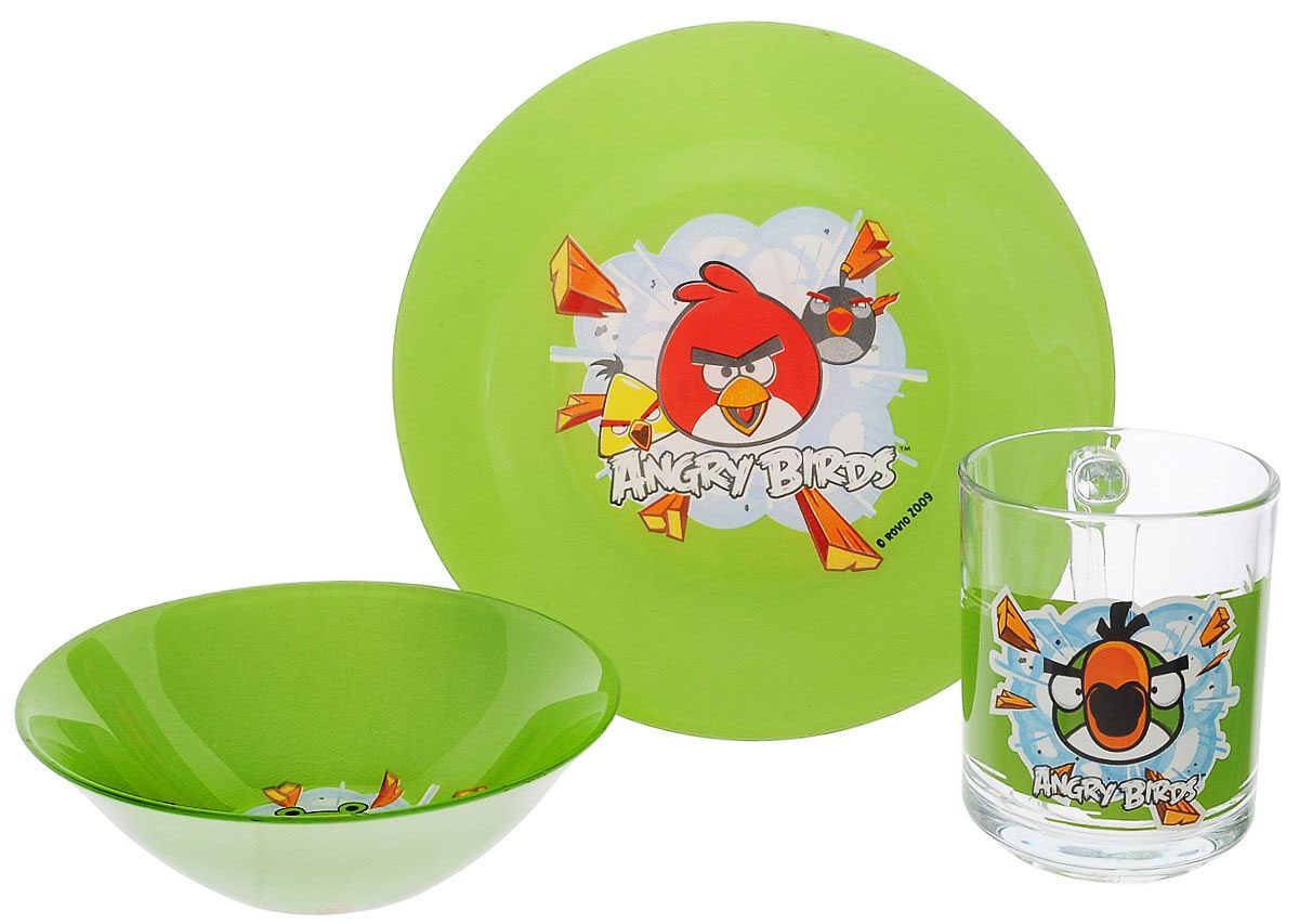 Набор детской посуды Angry Birds, цвет: зеленый, 3 предметаКРС-223 Набор детской посуды Angry Birds, цвет: зеленый, 3 предметаКРС-223Набор детской посуды Angry Birds, выполненный из прозрачного стекла, состоит из кружки, тарелки и салатника. Изделия оформлены изображением любимых героев популярного мультфильма Angry Birds. Материалы изделий нетоксичены и безопасны для детского здоровья. Детская посуда удобна и увлекательна для вашего малыша. Привычная еда станет более вкусной и приятной, если процесс кормления сопровождать игрой и сказками о любимых героях. Красочная посуда является залогом хорошего настроения и аппетита ваших детей. Можно мыть в посудомоечной машине. Диаметр тарелка: 19,5 см. Диаметр салатника: 14 см. Высота салатника: 4,5 см. Объем кружки: 250 мл. Диаметр кружки (по верхнему краю): 7 см. Высота кружки: 9,5 см.