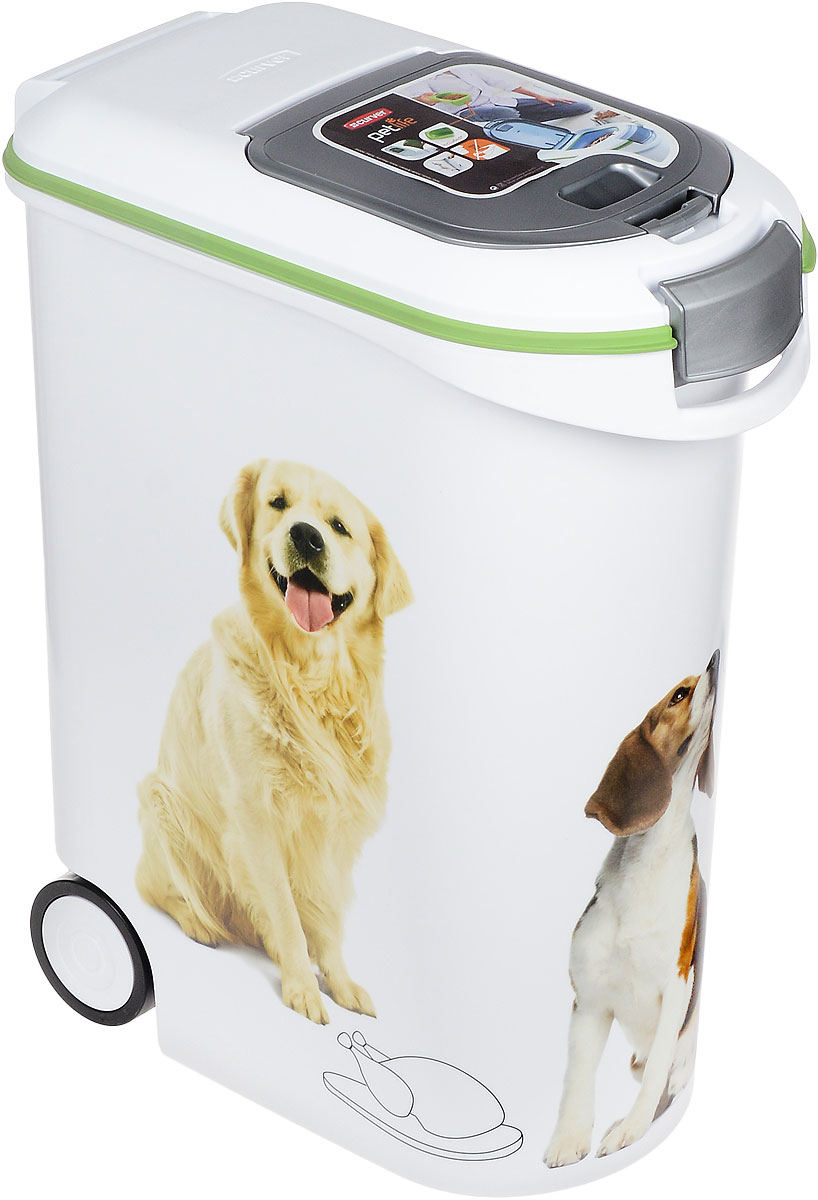 Контейнер Curver Pet Life для хранения сухого корма, с колесами и ковшиком, 54 л0120710 Контейнер Curver Pet Life для хранения сухого корма, с колесами и ковшиком, 54 л0120710Контейнер для корма Curver PetLife изготовлен из прочного пластика. Изделие украшено изображением собак породы лабрадор, бигль и шотландский сеттер. Для удобной транспортировки контейнер снабжен колесами. Крышка с силиконовой прослойкой плотно закрывается на защелку и предотвращает распространение запаха от корма. В крышке имеется специальная дверца для быстрого доступа внутрь. В комплекте поставляется специальный ковшик, чтобы насыпать корм в миску. Размер ковшика: 15 см х 9 см х 7,5 см. Вместительность контейнера: 20 кг. Объем контейнера: 54 л.