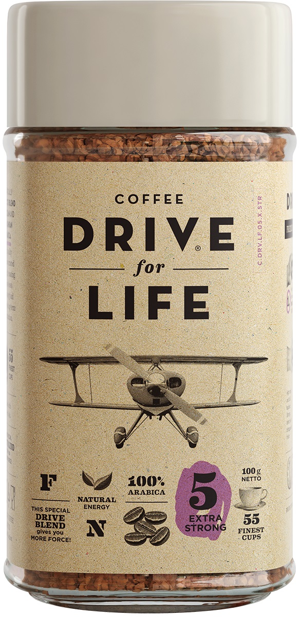 Drive for Life Extra Strong кофе сублимированный, 100 г0120710 Drive for Life Extra Strong кофе сублимированный, 100 г0120710Special Blend Drive - специально подобранные сорта Бразильской и Колумбийской Арабики, при обжарки которых вырабатывается натуральный кофеин высокого качества. Улучшает внимание, память и обеспечивает энергией на длительное время.