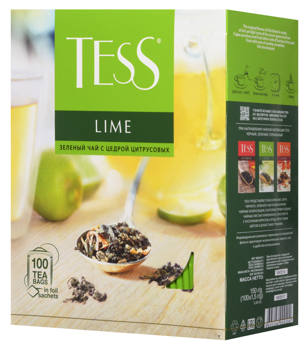 Tess Lime зеленый чай в пакетиках, 100 шт101246 Tess Lime зеленый чай в пакетиках, 100 шт101246Tess Lime - зеленый ароматизированный чай в пакетиках. Своей индивидуальностью этот сорт обязан гармоничному сочетанию насыщенного, но легкого вкуса классического зеленого чая из провинции Фудзяньи свежей горчинки цедры сочного лайма Заключительный штрих - мягкий оттенок шиповника - придает завершенность чайному букету.