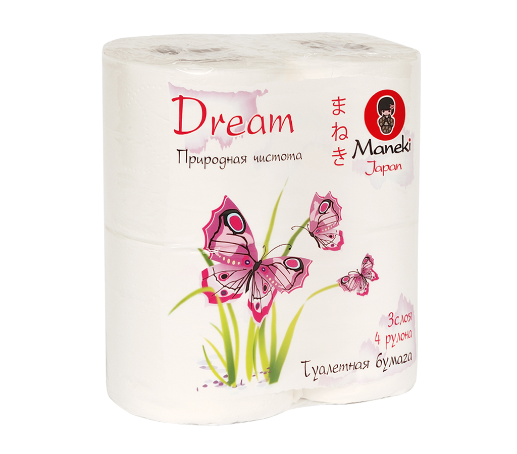 Бумага туалетная Maneki Dream, трехслойная, цвет: белый, 4 рулона391602 Бумага туалетная Maneki Dream, трехслойная, цвет: белый, 4 рулона391602Туалетная бумага Maneki Dream обладает приятным ароматом утренней свежести. Трехслойные листы имеют цветочный рисунок с тиснением. Необыкновенно мягкая и шелковистая бумага изготовлена из экологически чистого, высококачественного сырья - древесной целлюлозы. Мягкая, нежная, но в тоже время прочная, бумага не расслаивается и отрывается строго по линии перфорации.Длина рулона: 23 м. Количество слоев: 3. Количество листов: 167. Размер листа: 13,8 см х 10 м.