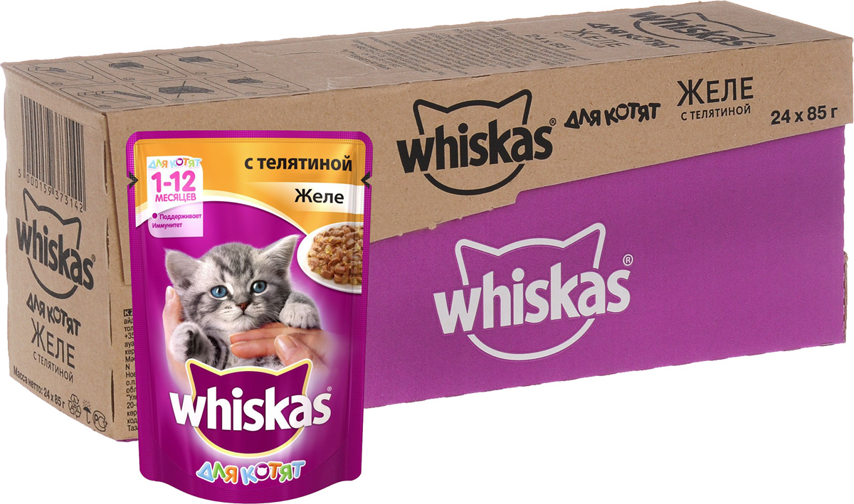 Консервы Whiskas для котят, желе с телятиной, 85 г, 24 шт0120710 Консервы Whiskas для котят, желе с телятиной, 85 г, 24 шт0120710Консервы для котят Whiskas содержат все, что нужно малышу для полноценного развития организма. Кроме того, в этих консервах содержится таурин, который организм котенка не может синтезировать самостоятельно. Если ваш маленький питомец будет получать таурин, то ему не грозят сердечные заболевания, а также проблемы со зрением и головным мозгом.Для долгой и активной жизни вашему маленькому любимцу необходимо правильно питаться с самых первых дней. Несмотря на то, что котенок ест понемногу, сил на игры и развлечения он тратит гораздо больше, чем взрослая кошка. Не содержит сои, консервантов, ароматизаторов, искусственных красителей и усилителей вкуса. Состав: мясо и субпродукты (в том числе телятина минимум 4%), злаки, растительное масло, таурин, витамины, минеральные вещества.Пищевая ценность в 100 г: белки - 8,3 г, жиры - 6 г, клетчатка - 0,3 г, кальций - не менее 0,21 г, жирные кислоты (омега 6) - не менее 0,18 г, витамин А - не менее 200 МЕ, витамин Е - не менее 2,0 мг, таурин - не менее 0,08 г, цинк - не менее 2,2 мг, влага - 82 г.Энергетическая ценность в 100 г: 87 ккал/364 кДж.В упаковке 24 пакетика по 85 г.Товар сертифицирован.