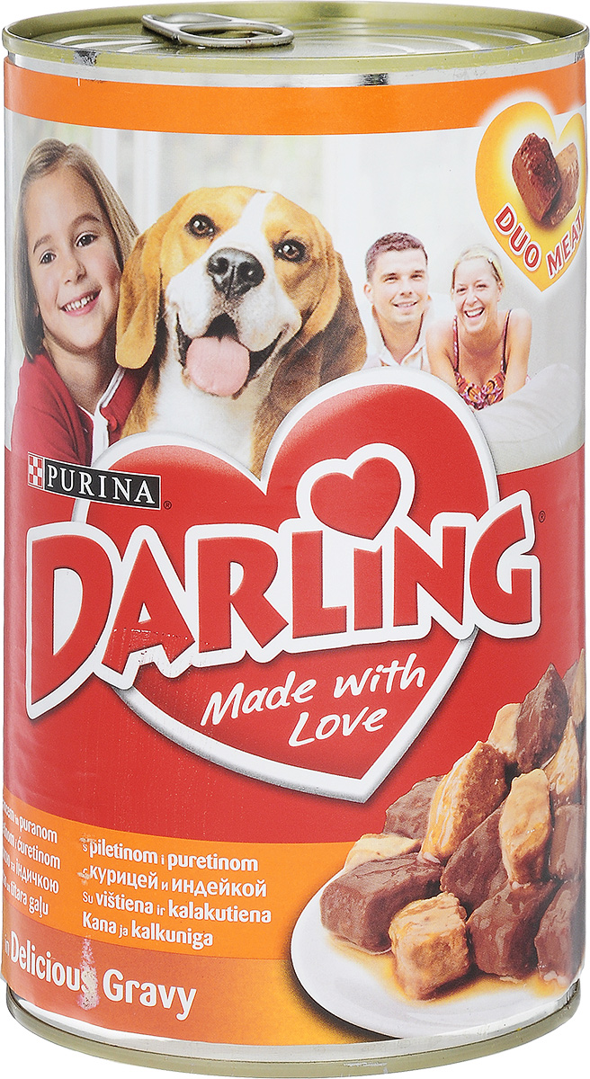 Консервы Darling для взрослых собак, с курицей и индейкой, 1,2 кг0120710 Консервы Darling для взрослых собак, с курицей и индейкой, 1,2 кг0120710Корм Darling с курицей и индейкой в аппетитной подливке разработан для взрослых собак. Состав: мясо и субпродукты (цыпленок минимум 4%, индейка минимум 4%), злаки, экстракт растительного белка, витамины и минеральные вещества, сахара. Добавленные вещества: МЕ/кг: витамин A: 1590; витамин D3: 150, мг/кг: железо: 10,6; йод: 0,4; медь: 1,2; марганец: 1,3; цинк 20,4; селен 0,014. Технологические добавки: Е451: 2410. Гарантируемые показатели: сырой белок: 6,5%; сырой жир: 4,0%; сырая зола: 2,5 %; сырая клетчатка: 0,1%.Товар сертифицирован.
