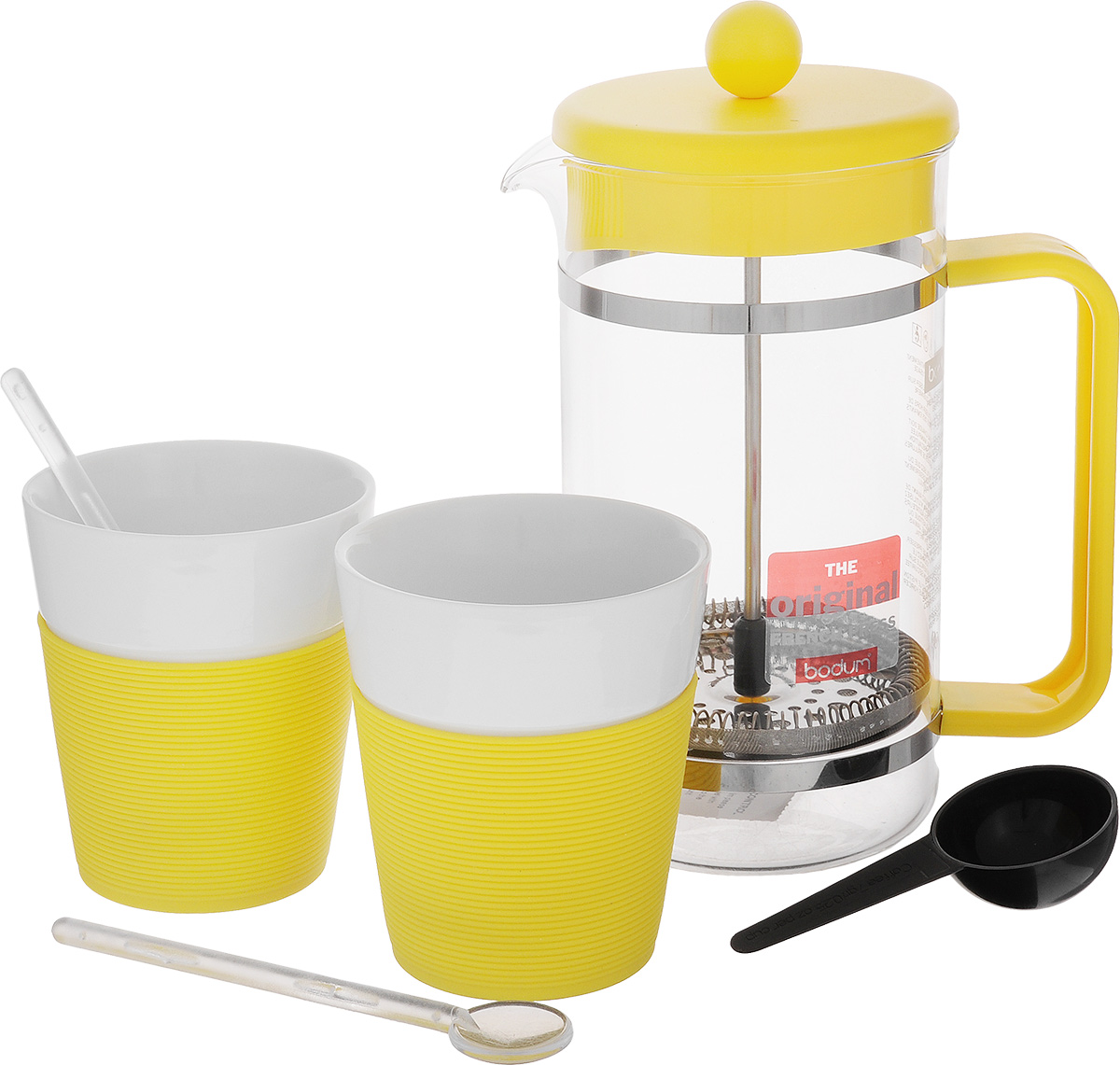 Набор кофейный Bodum Bistro, цвет: желтый, белый, 5 предметовVT-1520(SR) Набор кофейный Bodum Bistro, цвет: желтый, белый, 5 предметовVT-1520(SR)Кофейный набор Bodum Bistro состоит из чайника френч-пресса, 2 стаканов и 2 ложек. Френч-пресс выполнен из высококачественного жаропрочного стекла, нержавеющей стали и пластика. Френч-пресс - это заварочный чайник, который поможет быстро приготовить вкусный и ароматный чай или кофе. Металлический нержавеющий фильтр задерживает чайные листочки и частички зерен кофе. Засыпая чайную заварку или кофе под фильтр, заливая горячей водой, вы получаете ароматный напиток с оптимальной крепостью и насыщенностью. Остановить процесс заваривания легко, для этого нужно просто опустить поршень, и все уйдет вниз, оставляя сверху напиток, готовый к употреблению. Для френч-пресса предусмотрена специальная пластиковая ложечка. Элегантные стаканы выполнены из высококачественного фарфора и оснащены резиновой вставкой, защищающей ваши руки от высоких температур. В комплекте - 2 мерные ложечки, выполненные из пластика. Яркий и стильный набор украсит стол к чаепитию и станет чудесным подарком к любому случаю. Изделия можно мыть в посудомоечной машине.Объем френч-пресса: 1 л. Диаметр френч-пресса (по верхнему краю): 10 см. Высота френч-пресса: 22 см. Объем стакана: 300 мл. Диаметр стакана по верхнему краю: 8 см. Высота стакана: 10 см. Длина мерной ложки: 14 см.