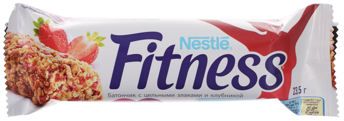 Nestle Fitness батончик с цельными злаками и клубникой, 23,5 г0120710 Nestle Fitness батончик с цельными злаками и клубникой, 23,5 г0120710Батончик Nestle Fitness (Нестле Фитнес) с цельными злаками и клубникой - полезный перекус без вреда для вашей фигуры!Батончик Fitness содержит много клетчатки, мало жира. Клетчатка в цельных злаках регулирует пищеварение, способствуя поддержанию оптимального веса тела (при условии сбалансированного питания и регулярных физических активностей). Сложные углеводы перевариваются медленнее и позволяют сохранять чувство сытости дольше.Обогащен витаминами D, B2, B6, кальцием и железом.