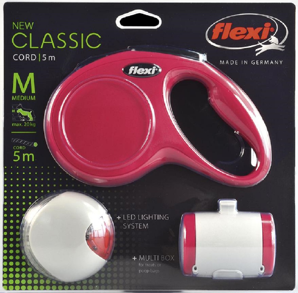 Набор Flexi: рулетка NEW Classic Basic М (до 20 кг), трос 5 м, фонарик LED, Multi-box, цвет: красный0120710 Набор Flexi: рулетка NEW Classic Basic М (до 20 кг), трос 5 м, фонарик LED, Multi-box, цвет: красный0120710Тросовый поводок-рулетка предназначен для выгула собак весом до 20 кг. Рулетки FLEXI производятся в Германии более 40 лет и особое внимание уделяется обеспечению безопасности и комфорта использования:- обновленная эргономичная кнопка системы торможения- запатентованная тормозная система - надежный карабин- светоотражающие элементыЗапатентованая система сматывания и фиксации длины — дополнительное удобство, помогающее контролировать поведение животного. Корпус рулетки выполнен из ударопрочного пластика. В состав набора входит рулетка + FLEXI Vario аксессуар LED Lighting System (подсветка на корпус рулетки) универсальный Универсальная LED подсветка для рулеток Flexi Vario размером S-M-L. Крепится на корпус рулетки + LEXI Vario аксессуар Multi Box S-M-L (бокс для лакомств/пакетиков д/сбора фекалий) Специальный аксессуар для рулеток размером S-M-L. Можно использовать как бокс для лакомств или как хранилище для пакетиков для сбора фекалий. Крепится на корпус рулетки. Выгодная цена на набор. Выгода - Multi Box в подарок.