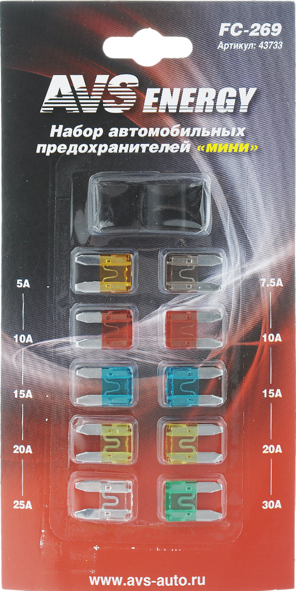 Набор автомобильных предохранителей AVS Мини, с пинцетом, 10 штR0001410 Набор автомобильных предохранителей AVS Мини, с пинцетом, 10 штR0001410Автомобильные флажковые предохранители AVS Мини помогут защитить электрические цепи автомобиля от короткого замыкания и позволят без проблем заменить сгоревший предохранитель в автомобиле. Корпус предохранителя выполнен из прозрачного пластика, а элемент - из цинкового сплава. Набор автомобильных предохранителей AVS Мини применяется на иномарках. В комплект входят 10 предохранителей разного номинала и специальный пинцет. Номинал: 5А, 7,5А, 2 х 10А, 2 х 15А, 2 х 20А, 25А, 30А. Тип: флажковые.
