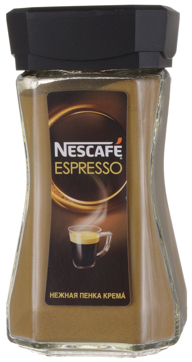 Nescafe Espresso кофе растворимый, 100 г0120710 Nescafe Espresso кофе растворимый, 100 г0120710Nescafe Espresso создан для истинных ценителей настоящего итальянского эспрессо. 100% арабика с горных склонов Латинской Америки, Азии и Африки, а также глубокая итальянская обжарка придает кофе интенсивный вкус с тонкой фруктовой ноткой. Нежная золотистая пенка крема стойко сохраняет вкус и аромат Nescafe Espresso.