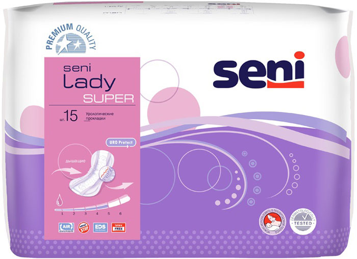 Seni Урологические прокладки для женщин Lady. Super, 15 штMP59.3D Seni Урологические прокладки для женщин Lady. Super, 15 штMP59.3DSeni Lady. Super – урологические прокладки для женщин, страдающих легкой и средней степенью недержания мочи. Несмотря на внешнюю схожесть с обычными гигиеническими прокладками, Seni Lady. Super впитывают в несколько раз больше жидкости.Специальный суперабсорбент препятствует размножению бактерий и нейтрализует неприятный запах мочи.Прокладки Seni Lady. Super имеют внутренние боковые бортики, которые дают дополнительную защиту. Широкая клеящая полоса обеспечивает легкое и надежное крепление к белью. Анатомическая форма и дышащий внешний слой гарантируют комфорт в использовании. Могут использоваться в до- и послеродовой период. Характеристики:Количество прокладок: 15 шт. Производитель: Польша. Товар сертифицирован.