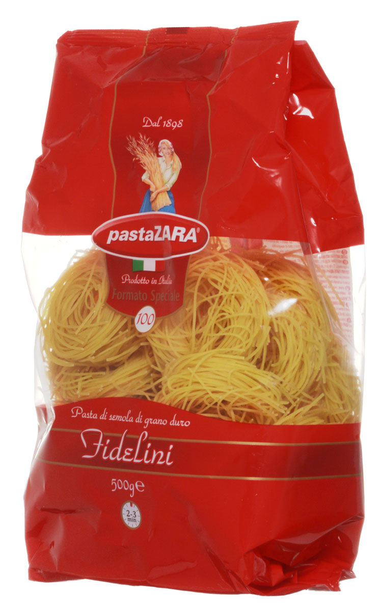 Pasta Zara Клубки тонкие фиделлини макароны, 500 г0120710 Pasta Zara Клубки тонкие фиделлини макароны, 500 г0120710Макаронные изделия Pasta Zara — одна из самых популярных марок итальянских макаронных изделий в России. Продукция под торговой маркой Pasta Zara сочетает в себе современность технологий производства и традиционное итальянское качество.