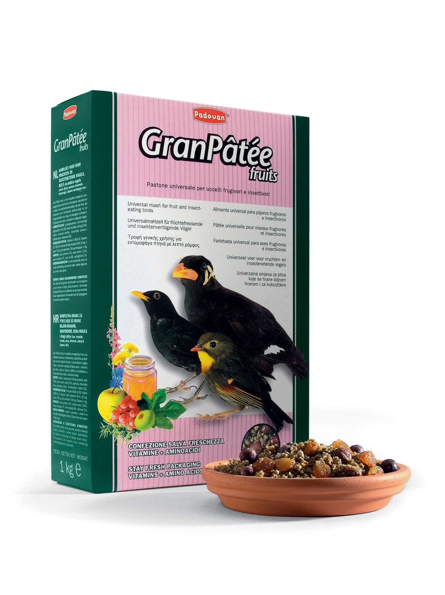 Корм Padovan GranPatee fruits для насекомоядных птиц, с фруктами, 1 кг0120710 Корм Padovan GranPatee fruits для насекомоядных птиц, с фруктами, 1 кг0120710Комплексный высококачественный полнорационный корм, богатый фруктами и ягодами, с витаминами, минералами и аминокислотными добавками для плодоядных и насекомоядных птиц.Делает более ярким оперенье и стимулирует певческие способности приманных и певчих птиц.Состав: растительная мука: кукуруза, ячмень, соя, пшеница, подсолнечник, изюм, можжевеловые ягоды, яблоко, лярд (свиное сало), конопляные семя (1.78%), мёд, растительное масло, натуральные вкусовые добавки, антиоксиданты, консерванты, витамины, DL-метионин, L- лизин.