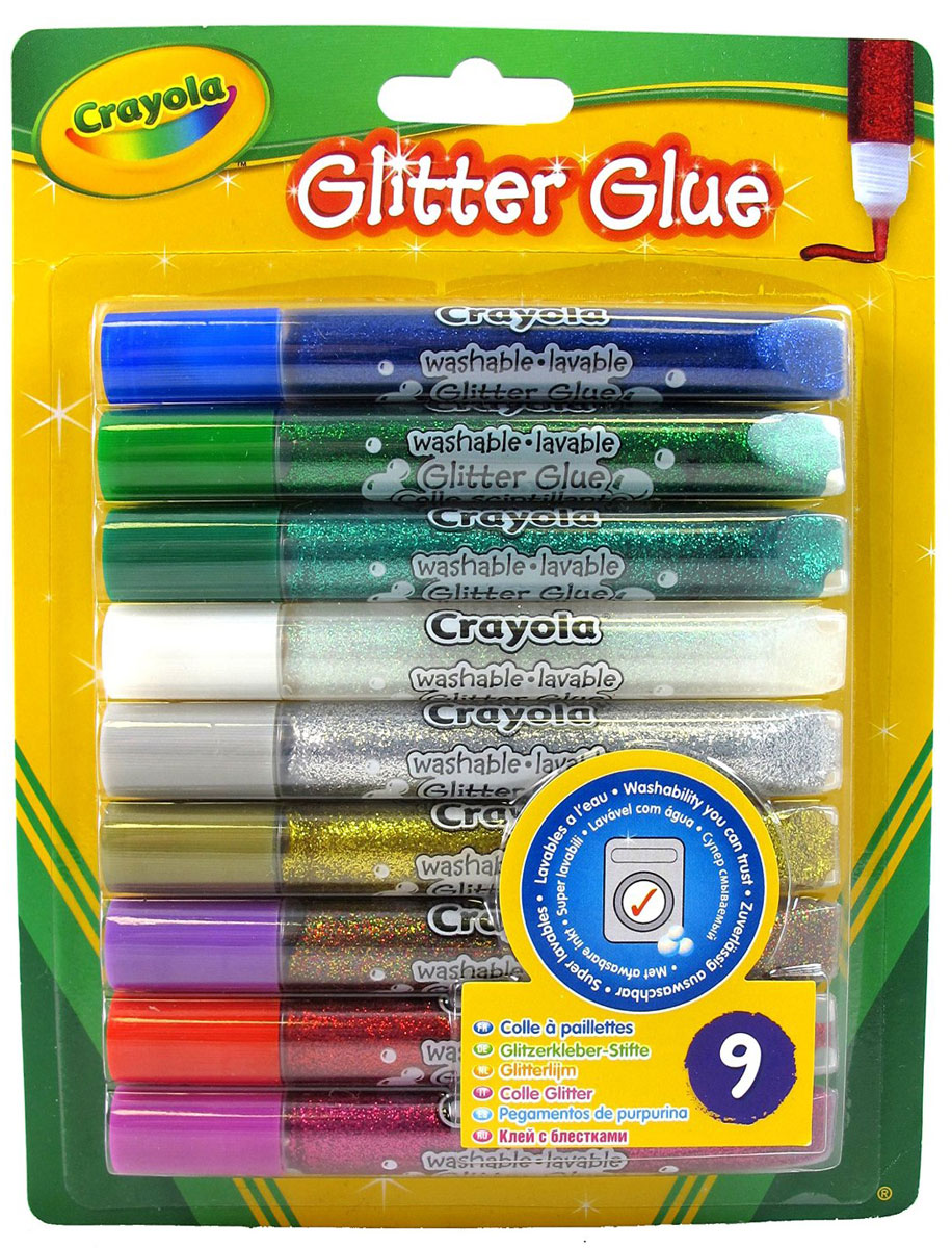 Crayola Клей с блестками для декорирования 9 цветов 3542FS-00103 Crayola Клей с блестками для декорирования 9 цветов 3542FS-00103Клей с блестками Crayola можно использовать как для рисования, создавая рисунки с мерцающим эффектом, так и для склеивания отдельных частей бумаги. В набор входит клей с блестками красного, малинового, золотистого, серебристого, синего, зеленого, изумрудного, белого и разноцветного цветов.Специально разработанный тюбик с достаточно гибким наконечником позволяет варьировать ширину линии, увеличивая или уменьшая давление на корпус. Используя блестящий клей, дети смогут создать неповторимыерисунки, довести до совершенства поздравительные открытки, письма и многое другое!