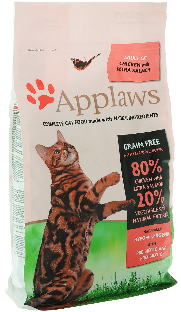 Корм сухой Applaws для кошек, беззерновой, с курицей, лососем и овощами, 2 кг0120710 Корм сухой Applaws для кошек, беззерновой, с курицей, лососем и овощами, 2 кг0120710Беззерновой корм для кошек Applaws изготовлен по особым рецептам, разработанным диетологами института Великобритании. Правильная диета очень важна для питомцев, ведь она меняется в зависимости от жизненного цикла. Также полнорационный корм должен включать в себя необходимое количество витаминов и минералов. В рецепте сухого корма Applaws учтен не только перечень наиболее необходимых минералов и витаминов, но и их строгий баланс. Так как сухой корм изготавливается только из натуральных качественных ингредиентов, крокеты привлекут внимание любого, даже очень привередливого питомца. Состав: дегидрированное мясо цыпленка минимум 47%, дегидрированное филе лосося минимум 19%, молодой картофель минимум 4%, жир домашней птицы минимум 8% (источник Омега 6), подлива из мяса птицы, приготовленной в собственном соку минимум 4%, лососевый жир (источник Омега 3), свекла минимум 3%, яичный порошок минимум 3%, пивные дрожжи, клетчатка, минералы, хлорид натрия, карбонат кальция, сушеные водоросли, клюква.Пищевые добавки: витамин А 26,852 МЕ/кг, витамин D3 1,852 МЕ/кг, витамин Е 593 МЕ/кг.Микроэлементы: селен (селенит натрия) 0,13 мг/кг, йод (безводный йодат кальция) 1,75 мг/кг, железо (сульфат железа моногидрат) 61 мг, медь (сульфат меди пентрагидрад) 9 мг/кг, марганец (сульфат марганца моногидрат) 26 мг/кг, цинк (сульфат цинка моногидрат) 140 мг/кг.Прочие добавки: натуральный консервант - токоферол.Гарантированный анализ: белки 37%, жиры 19,7%, клетчатка 3%, зола 10%, кальций 2,1%, фосфор 1,4%, таурин 2000 мг/кг Товар сертифицирован.