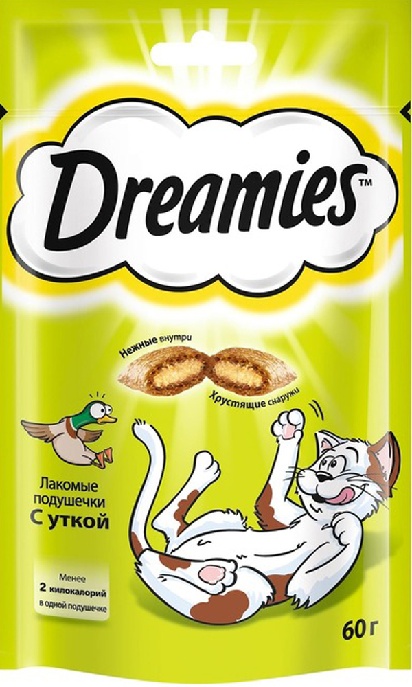 Лакомство для взрослых кошек Dreamies, подушечки с уткой, 60г0120710 Лакомство для взрослых кошек Dreamies, подушечки с уткой, 60г0120710Незабываемая нежная уточка в хрустящей вкусной подушечке – это достойная награда вашему любимому зверю. Теперь ему не нужно охотиться, стоит только открыть упаковку, и уточка никуда не убежит!