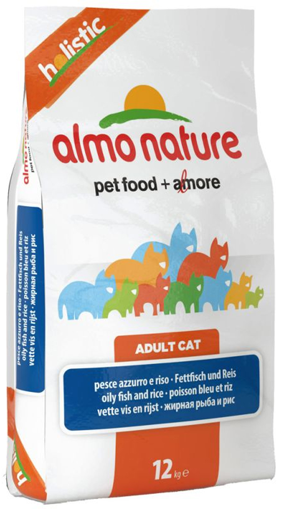 Корм сухой Almo Nature Holistic для взрослых кошек, с белой рыбой и коричневым рисом, 12 кг0120710 Корм сухой Almo Nature Holistic для взрослых кошек, с белой рыбой и коричневым рисом, 12 кг0120710Полнорационный корм Almo Nature Holistic рекомендован для взрослых кошек. Корм содержит большой процент свежей рыбы, что обеспечивает необходимым количеством питательных веществ и оптимальным содержанием протеина. Прекрасный вкус обеспечивается за счет свежих натуральных ингредиентов. Не содержит искусственных добавок, красителей, ароматизаторов, консервантов. Состав:рыба и ее производные (свежей жирной рыбы 25%), злаки (рис 14%), мясо и его производные, экстракт растительных белков, масла и жиры, минералы, производные растительного происхождения (инулин из цикория- источник ФОС-0.1%), маннаноолигосахариды.Пищевая ценность: белки 31%, клетчатка 1,5%, масла и жиры 15%, зола 8,5%, влажность 8,5%. Товар сертифицирован.