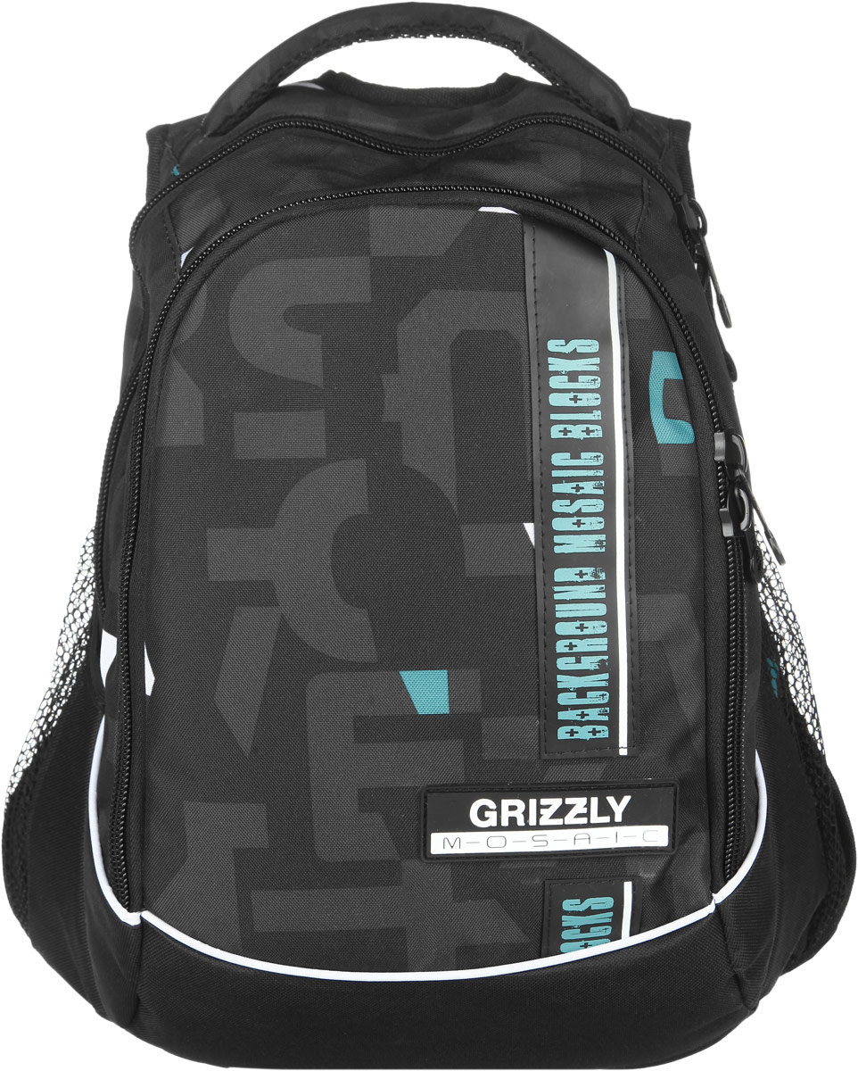 Рюкзак городской Grizzly, цвет: черный, бирюза, 27 л. RU-610-2/2SVCB-RT4-502 Рюкзак городской Grizzly, цвет: черный, бирюза, 27 л. RU-610-2/2SVCB-RT4-502Стильный городской рюкзак Grizzly выполнен из полиэстера, оформлен оригинальным принтом и нашивками с символикой бренда.Рюкзак содержит два вместительных отделения, каждое из которых закрывается на молнию. Внутри первого отделения расположен накладной карман на молнии. Второе отделение дополнено органайзером, состоящим из двух накладных кармашков и трех секций для ручек. Снаружи, по бокам изделия, расположены два сетчатых кармана. Рюкзак оснащен петлей для подвешивания, двумя практичными лямками регулируемой длины.Практичный рюкзак станет незаменимым аксессуаром и вместит в себя все необходимое.