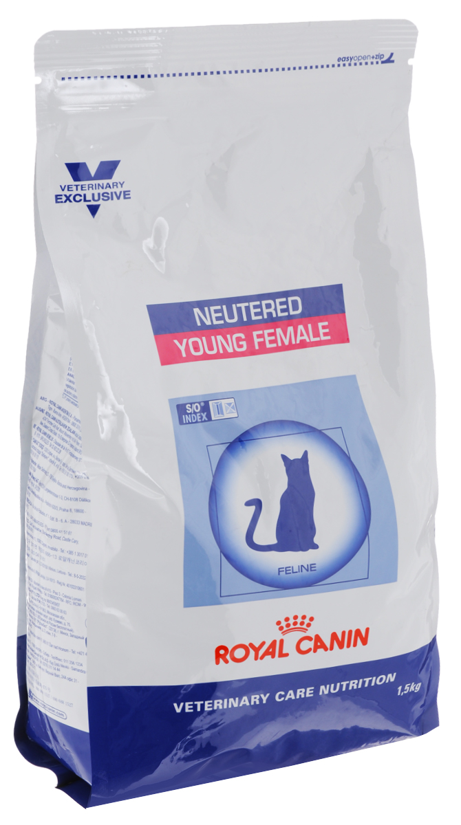 Корм сухой Royal Canin Young Female для стерилизованных кошек с момента операции до 7 лет, 1,5 кг0120710 Корм сухой Royal Canin Young Female для стерилизованных кошек с момента операции до 7 лет, 1,5 кг0120710Royal Canin Young Female - полнорационный сухой корм для стерилизованных кошек с повышенной чувствительностью кожи и шерсти.Оптимальный вес: - обогащенная белками формула способствует лучшему поддержанию мышечного тонуса по сравнению с обычным режимом питания, повышению вкусовых качеств корма. При одном и том же уровне метаболизма белки дают на 30% меньше чистой энергии, чем углеводы. L-карнитин улучшает транспорт жирных кислот в митохондрии.Разбавление мочи:- увеличение объема мочи одновременно снижает содержание в ней минеральных веществ, из которых формируются струвитные и оксалатные кристаллы. Таким образом, создаются условия, неблагоприятные для образования камней в мочевыводящих путях.Барьерная функция кожи:- комплекс, состоящий из ниацина, инозита, холина, гистидина и пантотеновой кислоты, уменьшает потерю жидкости через кожу и усиливает ее барьерную функцию. S/O Index :Знак S/O Index на упаковке означает, что диета предназначена для создания в мочевыделительной системе среды, неблагоприятной для образования кристаллов оксалата кальция. Состав: дегидратированные белки животного происхождения (птица), кукуруза, рис, пшеничная клейковина, кукурузная клейковина, гидролизат, белков животного происхождения, растительная клетчатка, свекольный жом, минеральные вещества, рыбий жир, соевое масло, фруктоолигосахариды, экстракт бархатцев прямостоячих (источник лютеина). Добавки (в 1 кг): витамин A - 20500 ME, витамин D3 - 700 ME, железо - 46 мг, йод - 4,6 мг, марганец - 60 мг, цинк - 179 мг, сeлeн - 0,08 мг.Содержание питательных веществ: белки - 37%, жиры - 10%, минеральные вещества - 8,4%, клетчатка пищевая - 4,3%, медь - 15 мг/кг. Товар сертифицирован.