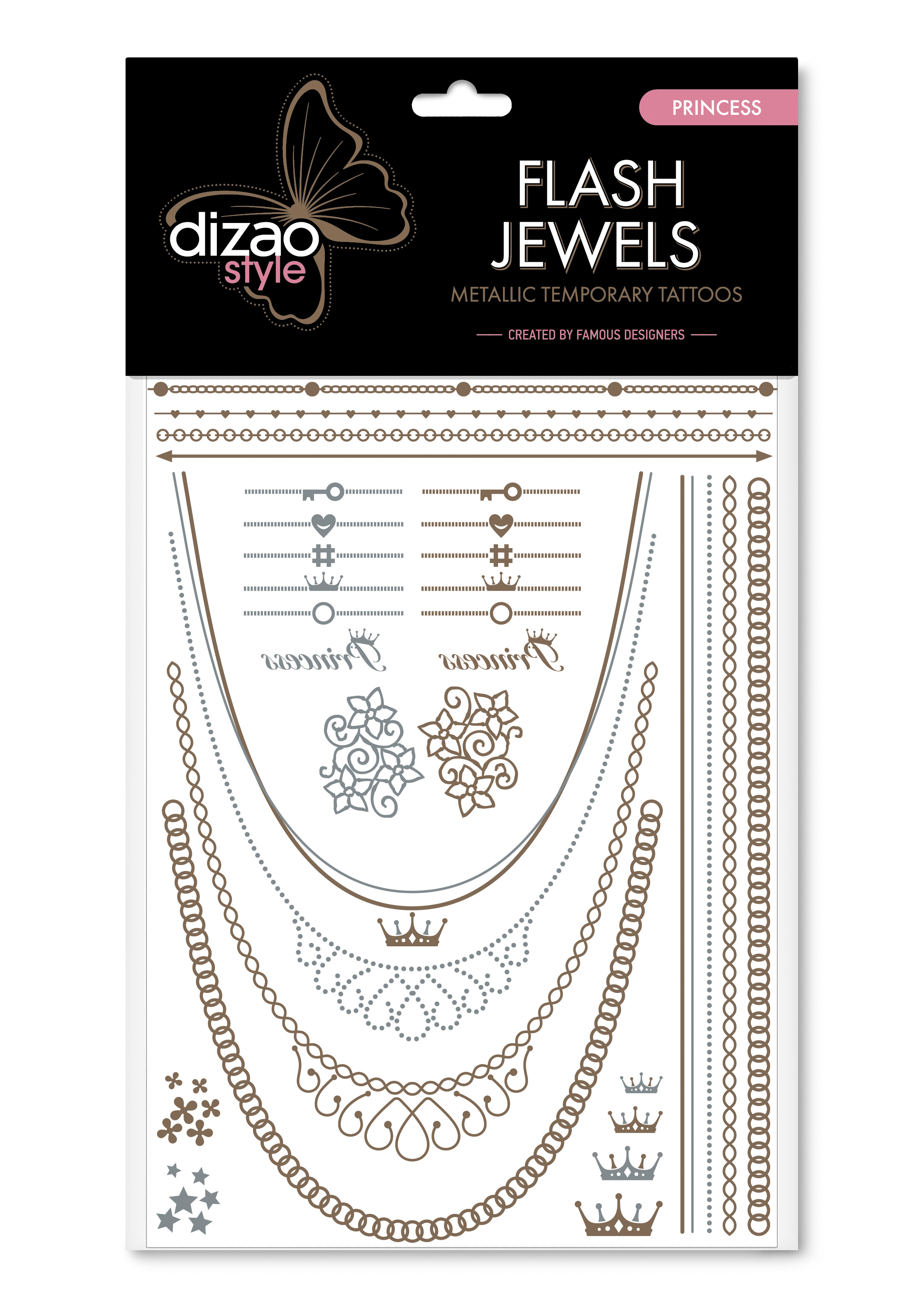 Dizao Временные золотые тату Flash Jewels: Принцесса1301210 Dizao Временные золотые тату Flash Jewels: Принцесса1301210Оригинальные золотистые временные татуировки Dizao Flash Jewels: Принцесса позволят вам добавить изысканный штрих к вашему образу. В набор входит множество разнообразных дизайнов, которые вы сможете сочетать по своему вкусу.Откройте для себя мир идеальных линий и оригинальных дизайнов, которые заблистают на вашей коже благородным блеском золота и серебра. Позвольте украшениям стать органичной частью вашего тела. Следуйте самым последним тенденциям и всегда оставайтесь на пике моды. Подарите себе роскошь и непревзойденный стиль с тату Dizao.Премиальные золотые временные тату Flash Jewels: - имеют уникальные дизайны -держатся на коже продолжительное время, не теряя привлекательности-легко наносятся и удаляются-не вызывают покраснений и раздражений, не содержат токсичных компонентов Применять временные тату невероятно легко: вырежьте понравившуюся аппликацию, наложите ее рисунком вниз на сухую чистую кожу, прижмите к аппликации мокрую губку или ватный диск в течении 30 секунд, а затем удалите бумагу и позвольте аппликации высохнуть. Для того, чтобы удалить временную татуировку, нанесите на аппликацию косметическое или оливковое масло и осторожно сотрите ватным диском.