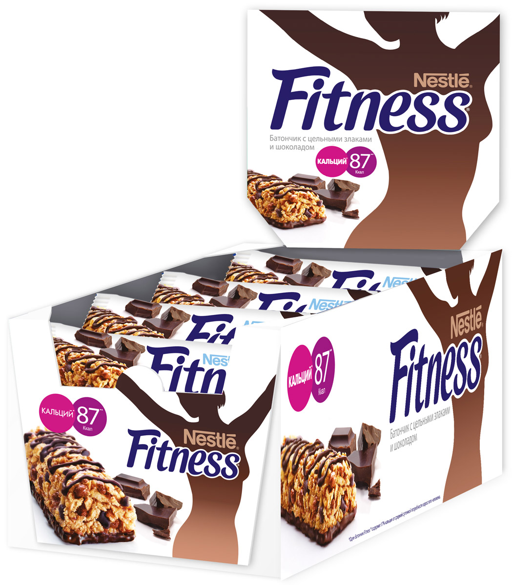 Nestle Fitness Батончик с цельными злаками и шоколадом, 24 шт по 23,5 г0120710 Nestle Fitness Батончик с цельными злаками и шоколадом, 24 шт по 23,5 г0120710Батончик Nestle Fitness (Нестле Фитнес) с цельными злаками и шоколадом - полезный перекус без вреда для вашей фигуры!Батончик Fitness содержит много клетчатки и мало жира. Клетчатка в цельных злаках регулирует пищеварение, способствуя поддержанию оптимального веса тела (при условии сбалансированного питания и регулярных физических активностей). Сложные углеводы перевариваются медленнее и позволяют сохранять чувство сытости дольше.Обогащен витаминами D, B2, B6, кальцием и железом.