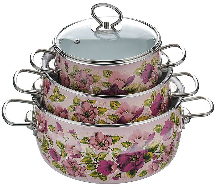 Набор кастрюль Vitross Violeta с крышками: 2 л, 4 л, 5 л, цвет: розовый. 1DA135S54 009312 Набор кастрюль Vitross Violeta с крышками: 2 л, 4 л, 5 л, цвет: розовый. 1DA135S54 009312Набор эмалированной посуды Violeta состоит из трех кастрюль разного объема с крышками. Посуда выполнена из тонколистового стального проката, покрытого двумя слоями эмали розового цвета. Корпус кастрюль оформлен изображением цветов. Эмалевое покрытие имеет существенные преимущества по показателям безопасности влияния на организм человека, санитарным свойствам, простоте ухода и рассчитан на длительный срок эксплуатации. Оно устойчиво к перепадам температуры до 220°С, обладает высокой механической прочностью, противостоит воздействию пищевых кислот. Борта корпуса и крышки изделий защищены ободком из антикоррозийной стали. Крышки выполнены из жаропрочного стекла с ручками и ободками из нержавеющей стали, имеют пароотводы. Кастрюли оснащены по бокам эргономичными стальными ручками. Эмалированную посуду нельзя ронять, нагревать без жидкости,допускать замерзания в ней жидкости, чистить металлической мочалкой. Предметы набора пригодны для использования на всех видах плит, включая индукционные. Можно мыть в посудомоечной машине. Характеристики:Материал: сталь, эмаль, стекло. Объем кастрюль: 2 л; 4 л; 5 л. Внутренний диаметр кастрюль: 16 см, 20 см, 24 см. Высота стенок кастрюль: 10,5 см, 13 см, 12 см. Толщина стенок кастрюль: 3 мм. Толщина дна кастрюль: 5 мм. Комплектация: 3 кастрюли, 3 крышки. Размер упаковки: 31 см х 31 см х 26 см. Артикул: 8DA035S.