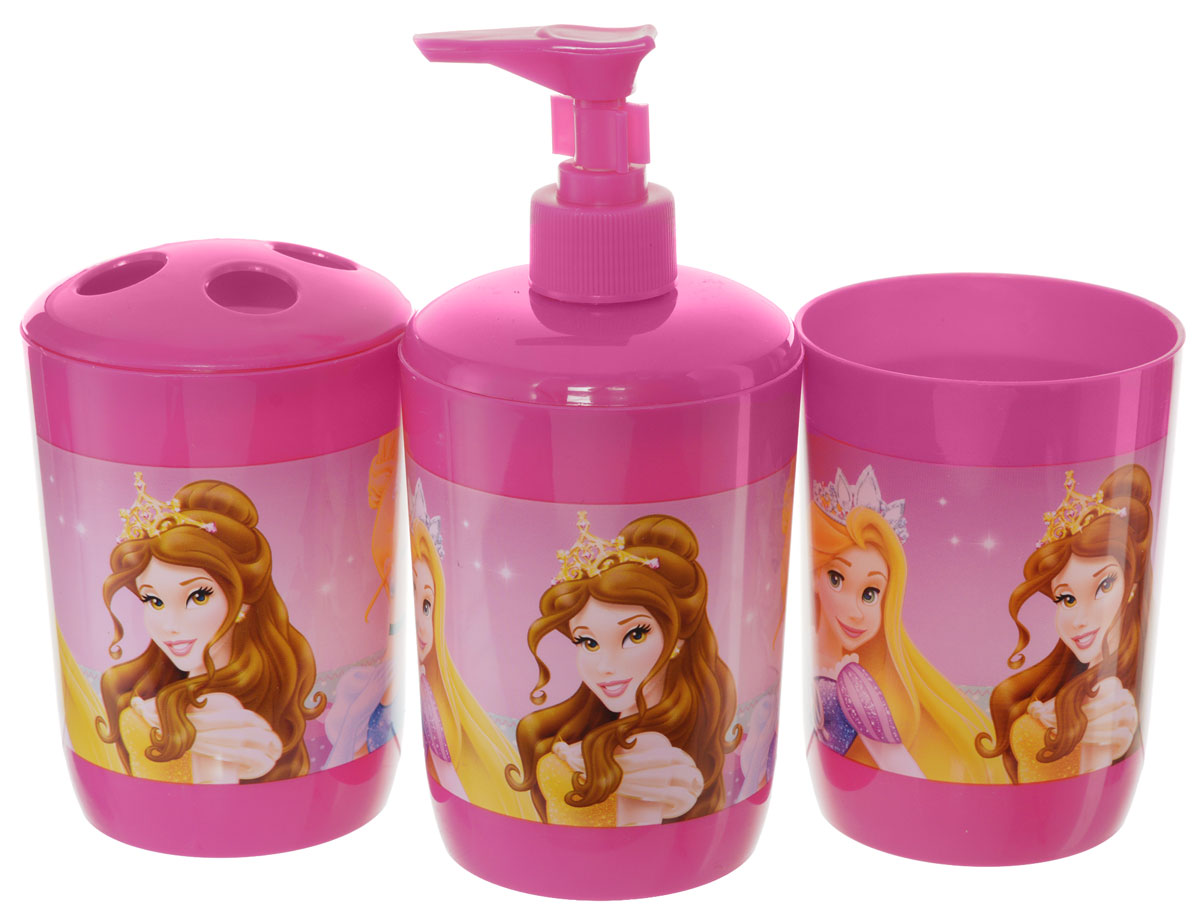 Disney Набор для ванной Princess 3 предметаS03301004 Disney Набор для ванной Princess 3 предметаS03301004Набор для ванной Disney Princess, выполненный из высококачественного полипропилена, состоит из дозатора для жидкого мыла, стаканчика объемом 340 мл и стакана для зубных щеток с четырьмя отверстиями. Все предметы набора декорированы оригинальными изображениями принцесс из мультфильмов Disney. Яркие аксессуары для ванной не только приучают ребенка хранить в порядке банные принадлежности, но и порадуют его забавными картинками.