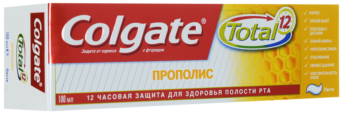 Colgate Зубная паста TOTAL12 Прополис 100 млMP59.4D Colgate Зубная паста TOTAL12 Прополис 100 млMP59.4DЗубная паста Colgate® Total Прополис содержит Прополис, известный своими лечебными свойствами и помогает сохранить ваши зубы и десны здоровыми.