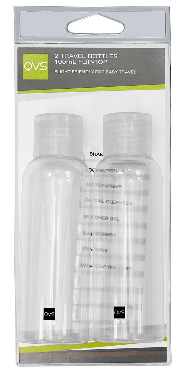 QVS Дорожные флаконы для косметических жидкостей (2 шт/уп) 2 TRAVEL BOTTLESCF5512F4 QVS Дорожные флаконы для косметических жидкостей (2 шт/уп) 2 TRAVEL BOTTLESCF5512F4Дорожные флаконы для косметических жидкостей.Объем каждого флакона 100 мл.Крышка флип-топ.Информационные наклейки в комплекте.Разрешено для авиаперелетов.Для жидких и кремообразных косметических средств.