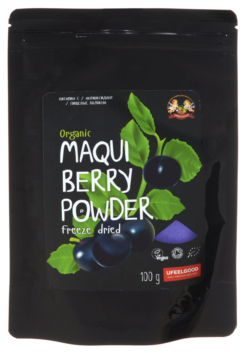 UFEELGOOD Organic Maqui Berry Powder органические ягоды макью молотые, 100 гбзе021 UFEELGOOD Organic Maqui Berry Powder органические ягоды макью молотые, 100 гбзе021Ягоды чилийской Макью растут в дикой природе в нетронутой области Патагония в Южном Чили. Здесь индейцы на протяжении столетий употребляли в пищу ягоды для того, чтобы получить заряд сил и выносливости. Ягоды Макью имеют один из самых высоких уровней содержания антиоксидантов из всех известных фруктов, они придают напитку насыщенный, пурпурный цвет.Ягоды сублимируют, чтобы сохранить их действие и ферментную активность, позволяющие им улучшать метаболизм, укреплять иммунитет и заряжать энергией. Насыщенный пурпурный пигмент этих изумительных ягод свидетельствует о наличии антоцианов и полифенолов, мощной группы антиоксидантов, которые защищают организм от окислительного стресса.Высушенные ягоды макью измельчают в порошок, который сохранил в себе все богатство минералов, белков, витаминов и пищевых волокон. Порошок Макью способствует:Поддержке нервной системыУскорению метаболизмаНейротрансмиссииЗдоровому пищеварениюХорошей свертываемости кровиНормализации кровяного давленияПоддержка иммунной системыНормализует когнитивные функции