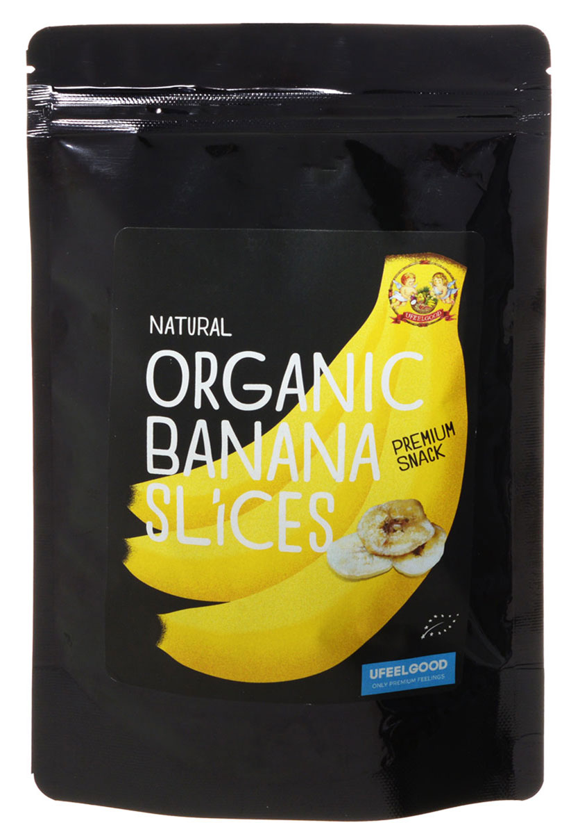 UFEELGOOD Organic Banana Slice органические банановые слайсы, 100 г0120710 UFEELGOOD Organic Banana Slice органические банановые слайсы, 100 г0120710Высушенные бананы UFEELGOOD Organic Banana Slice с ароматным вкусом сохранили все полезные качества фрукта.Бананы являются отличным пополнением энергии для организма, особенно после периода активности. Они содержат витамины В6 и С, прекрасный источник калия и пищевых волокон. Во время напряженной физической деятельности, ваш организм теряет большое количество этих витаминов и минералов, а банан поможет восполнить их и продолжать двигаться вперед. Поэтому бегуны и велосипедисты едят бананы после гонки. Бананы содержат более легкоусвояемые углеводы, чем в других фруктах - калории, которые организм легко сжигает.Пектин (растворимые пищевые волокна) в бананах помогает нормализовать работу толстой кишки и поджелудочной железы. Возьмите с собой в дорогу, на работу, угостите друзей! Добавьте удовольствия и восторга с пользой!
