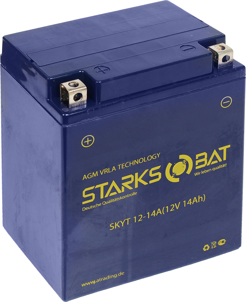 Батарея аккумуляторная для мотоциклов Starksbat. YT 12-14A (YB14A-A2)S03301004 Батарея аккумуляторная для мотоциклов Starksbat. YT 12-14A (YB14A-A2)S03301004Аккумулятор Starksbat изготовлен по технологии AGM, обеспечивающей повышенный уровень безопасности батареи и удобство ее эксплуатации. Корпус выполнен из особо ударопрочного и морозостойкого полипропилена. Аккумулятор блестяще доказал свои высокие эксплуатационные свойства в самых экстремальных условиях бездорожья, высоких и низких температур.Аккумуляторная батарея Starksbat производится под знаменитым немецким контролем качества, что обеспечивает ему высокие пусковые характеристики и восстановление емкости даже после глубокого разряда.Напряжение: 12 В.Емкость: 14 Ач.Полярность: прямая (+ -).Ток холодной прокрутки: 180 Аh (EN).
