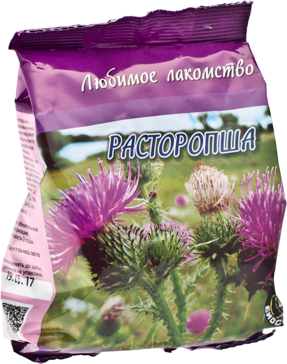 Лакомство для птиц и грызунов Вака Расторопша, 200 г1002313 Лакомство для птиц и грызунов Вака Расторопша, 200 г1002313Лакомство для птиц и грызунов Вака Расторопша поможет вам поддерживать здоровье вашего любимца, чтобы он всегда был в прекрасном настроении и радовал вас.В состав семян расторопши входит такое вещество как флавоноид силибин (или силимарин), которое обладает очень ценным свойством – способностью защищать печень от неблагоприятных воздействий токсических веществ. Силимарины - это биологически активные вещества, которые редко встречаются в природе и обладают не только антиоксидантными свойствами, но влияют на печень еще двумя способами: во-первых, они укрепляют клеточные мембраны, а во-вторых, способствуют образованию новых клеток, стимулируя синтез белка. В результате увеличивается выработка желчи. Если печень функционирует нормально, то поддерживается и вся иммунная система организма. Также в состав расторопши входит молочный чертополох, благотворно влияющий на пищеварение. Расторопша активизирует перистальтику кишечника. Замечено положительное влияние расторопши на течение дисбактериоза. Семена расторопши содержат жирное масло (до 32%), эфирное масло (0,08%), смолы, слизь, биогенные амины (тирамин, гистамин), флаваноноллигнаны (2,8-3,8%) - силибин, силидианин, таксифолин, силихристин; макроэлементы (мг/г) - калий - 9,2, кальций - 16,6, магний - 4,2, железо - 0,08; микроэлементы (мкг/г)- марганец - 0,1, медь - 1,16, цинк - 0,71, хром - 0,15, селен - 22,9, йод - 0,09, бор - 22,4.