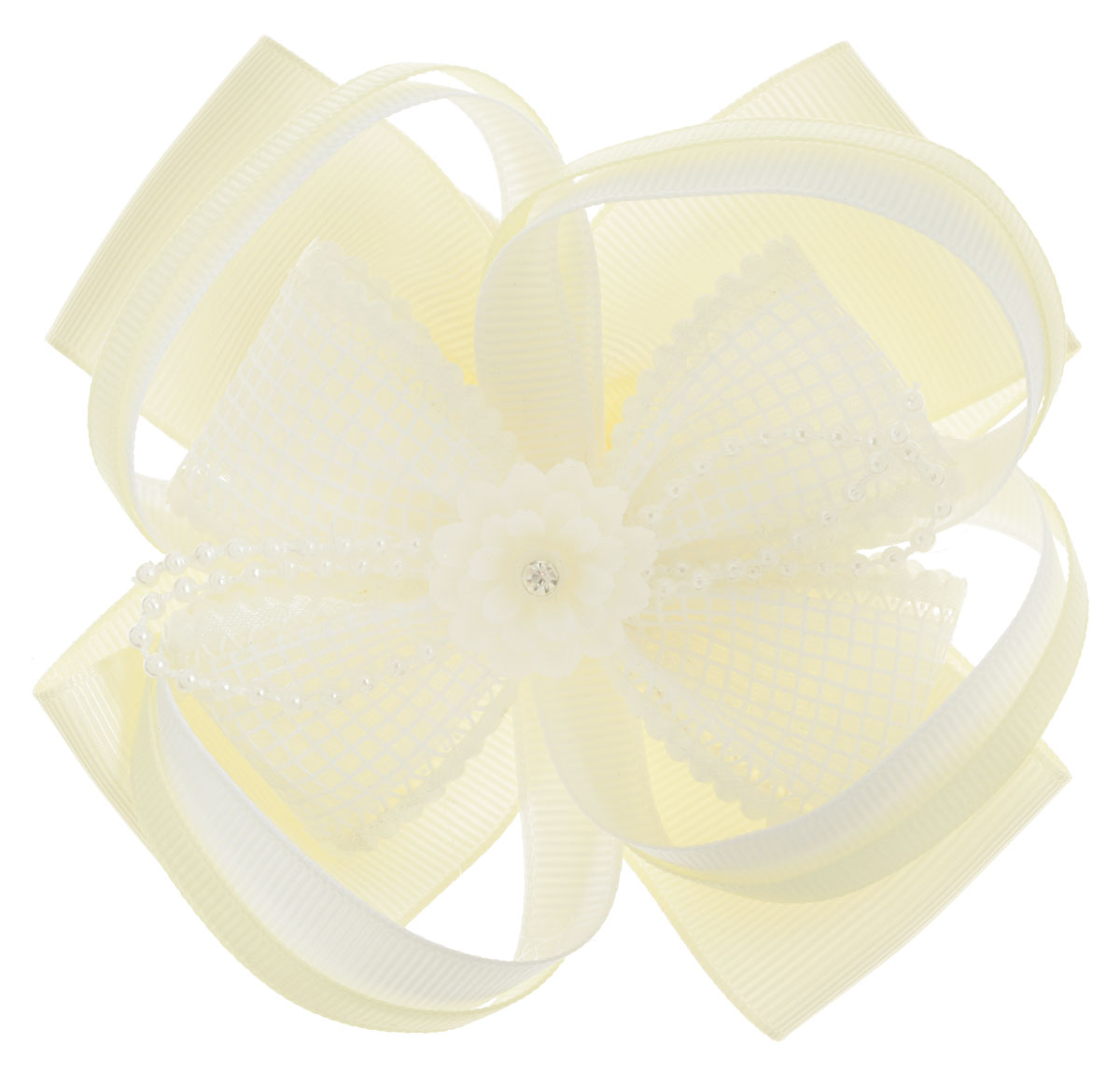 Babys Joy Резинка для волос цвет кремовый белый AL 96919540 Babys Joy Резинка для волос цвет кремовый белый AL 96919540Резинка для волос Babys Joy выполнена в виде банта, сшитого из однотонных лент белого и кремового цветов и сетчатой органзы. В центре бант украшен пластиковым цветком со стразом и бусинками. Резинка позволит не только убрать непослушные волосы с лица, но и придать образу немного романтичности и очарования. Резинка для волос Babys Joy подчеркнет уникальность вашей маленькой модницы и станет прекрасным дополнением к ее неповторимому стилю.