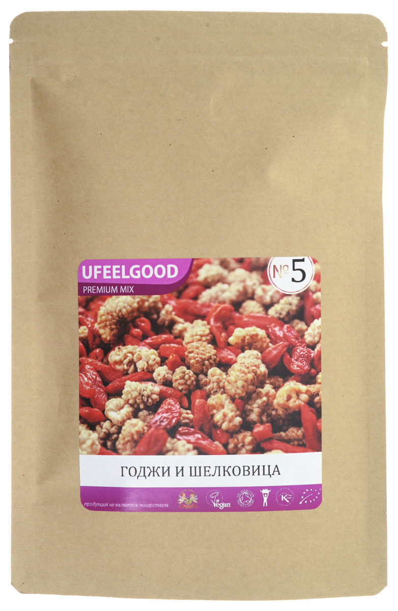 UFEELGOOD Premium Mix №5 (годжи, шелковица), 100 г0120710 UFEELGOOD Premium Mix №5 (годжи, шелковица), 100 г0120710Трэйл-микс UFEELGOOD Premium Mix №5 – смесь из высокопитательных супер-продуктов, которая прекрасно подходит в качестве закуски. Главными ингредиентами этого Трэйл-микса являются ягоды годжи и шелковицы. Древние кочевники первыми оценили преимущества Трэйл-миксов – мощные растительные продукты удобны для транспортировки, не требуют приготовления и обеспечивают организм необходимой энергией.Сегодня Трэйл-миксы – это высокоэффективный продукт, являющийся усовершенствованным вариантом фруктовой смеси. Мы позаботились о том, чтобы соединить самые мощные и вкусные натуральные продукты. Каждый ингредиент смесей сам по себе является уникальным супер-продуктом, а комплекс таких супер-продуктов гораздо полезнее каждого отдельного компонента. Любой из предлагаемых Трэйл-миксов – это прекрасный источник энергии, антиоксидантов и питательных веществ. Трэйл-микс – это идеальный энергетик для современных путешественников и искателей приключений, которым можно перекусить в течение насыщенного событиями дня.Годжи. Ароматная ягода. Содержит йод, который так необходим для правильной работы щитовидной железы. Цинк улучшает память, состояние волос. Великолепный плод, который в сочетании с шелковицей предотвращает развитие рака и других заболеваний.Шелковица. Не просто вкусная ягода, но и отличный питательный продукт, который полон необходимых человеку микро- и макроэлементов, витаминов. Шелковица – это ценный кладезь полезных веществ. Антиоксиданты продлевают молодость, калий и натрий улучшают работу сердца, а бета-каротин предотвращает инсульты и стимулирует иммунную систему.