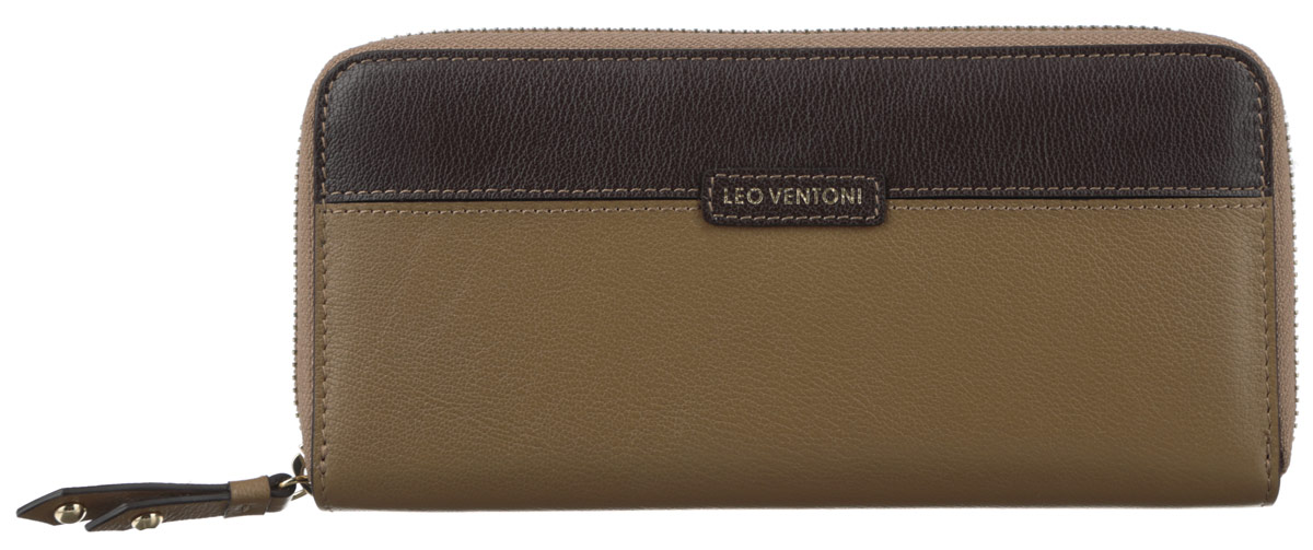 Кошелек женский Leo Ventoni, цвет: темно-бежевый, темно-коричневый. L330433BM8434-58AE Кошелек женский Leo Ventoni, цвет: темно-бежевый, темно-коричневый. L330433BM8434-58AEМодный женский кошелек Leo Ventoni выполнен из натуральной кожи зернистой фактуры, оформлен вставкой контрастного цвета и нашивкой с принтом в виде логотипа бренда. Внутри - пять отделений для купюр, восемь кармашков для кредитных карт или визиток, отделение для монет на пластиковой молнии и карман с прозрачным пластиковым окошком.Кошелек застегивается на металлическую застежку-молнию. Изделие поставляется в фирменной упаковке.Кошелек Leo Ventoni станет отличным подарком для человека, ценящего качественные и практичные вещи.
