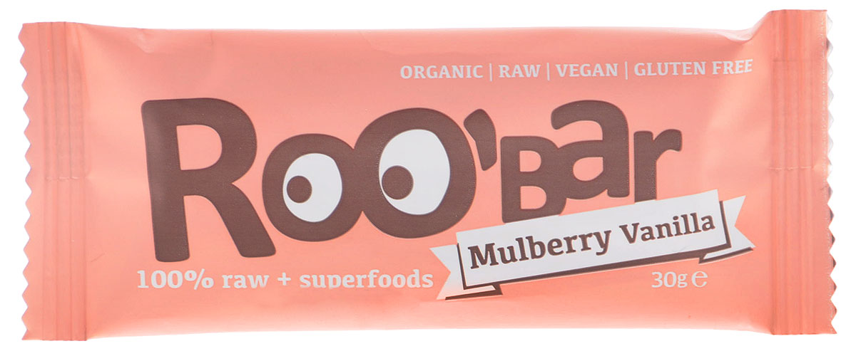 ROOBAR Mulberry & Vanilla Organic батончик, 30 г0120710 ROOBAR Mulberry & Vanilla Organic батончик, 30 г0120710Энергетический батончик ROOBAR Mulberry & Vanilla Organic со вкусом фиников, ягод шелковицы, орехов кешью и ванили — бурбон. Здоровая пища может быть вкусной.Этот продукт содержит только натуральные фруктовые сахара.