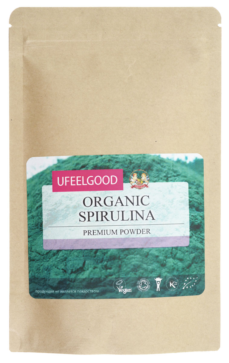 UFEELGOOD Organic Spirulina Premimum Powder органическая спирулина молотая, 100 г0120710 UFEELGOOD Organic Spirulina Premimum Powder органическая спирулина молотая, 100 г0120710Порошок из водорослей спирулины от UFEELGOOD очень питателен и полезен, он состоит из белка почти на 70%. Кроме этого, в нём обнаружили невероятное количество микроэлементов, которые необходимы человеку. Спирулина содержит отсутствующие в человеческом организме аминокислоты, которые мы должны получать с пищей. В ней найдено существенное количество калия, цинка, селена, кальция, железа и витаминов.Порошок спирулины может применяться во многих областях медицины и косметологии. Маска для лица и тела регенерирует кожу, сохраняет её молодость, повышает эластичность, сужает поры и разглаживает морщины. Вы получите быстрый эффект и ощутите, как ваша кожа стала подтянутой и свежей.Прием спирулины в детском возрасте помогает здоровому развитию костей, повышению иммунитета, улучшению памяти и умственных способностей. Во время программ детоксикации препарат часто рекомендуют врачи как поддерживающую терапию. Порошок спирулины заботится о здоровье нервной системы, внутренних органов, улучшает зрение.