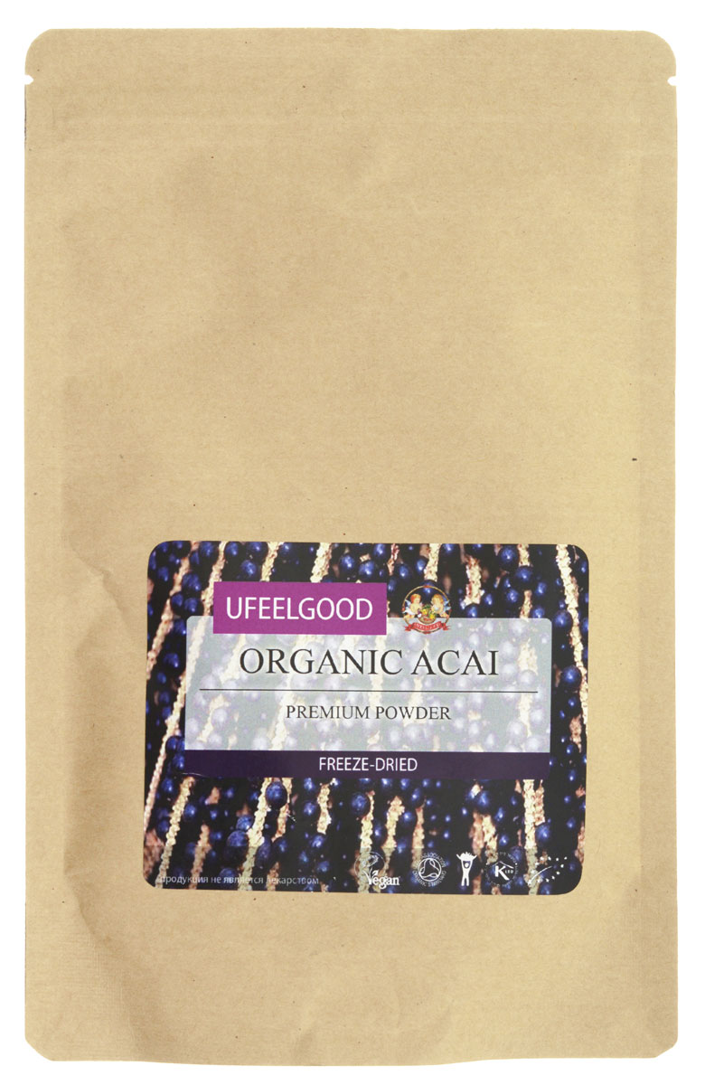 UFEELGOOD Organic Acai Premium Powder органические молотые ягоды асаи, 100 г0120710 UFEELGOOD Organic Acai Premium Powder органические молотые ягоды асаи, 100 г0120710Плоды асаи обладают мощными антиоксидантными свойствами. Они восстанавливают клетки организма, предотвращая окислительные реакции внутри, замедляют процессы старения. Антоцианы, которые содержаться в ягодах, способны замедлить или предотвратить развитие рака. Содержание полифенола помогает избежать болезни сердца. Ягоды асаи очень питательны, они содержат: кальций железо, клетчатку, белок, жирные кислоты. Кроме этого, они способны на невероятную емкость поглощения радикалов кислорода – 50 000 единиц на 100 граммов (для сравнения, красный виноград — 740). Ягоды асаи для похудения используют следующим образом — из них делают питательный сок, который заменяет собой еду. Экстракт асаи используется для того, чтобы придать неповторимый вкус блюдам.